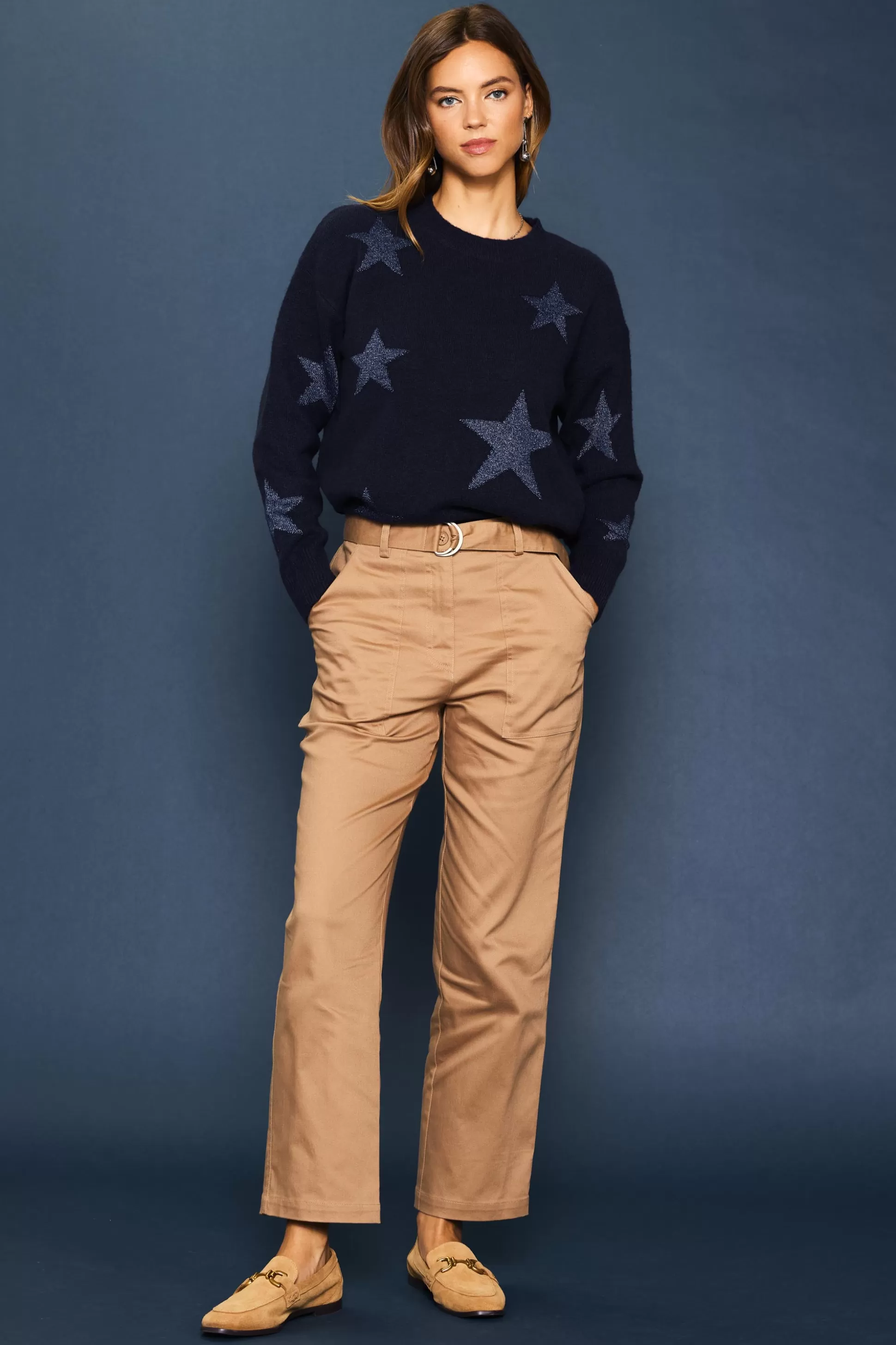 SKIES ARE BLUE Sweaters>Lurex Star Print Sweater Navy