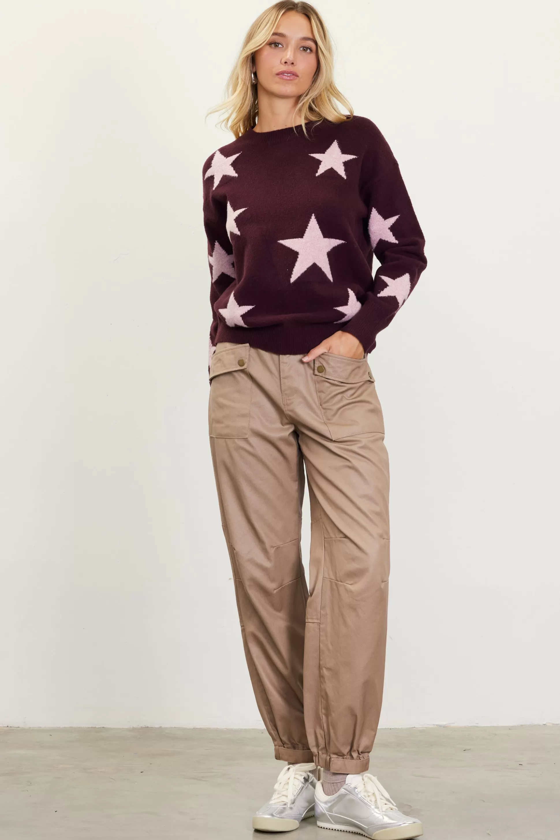 SKIES ARE BLUE Sweaters>Lurex Star Print Sweater Burgundy