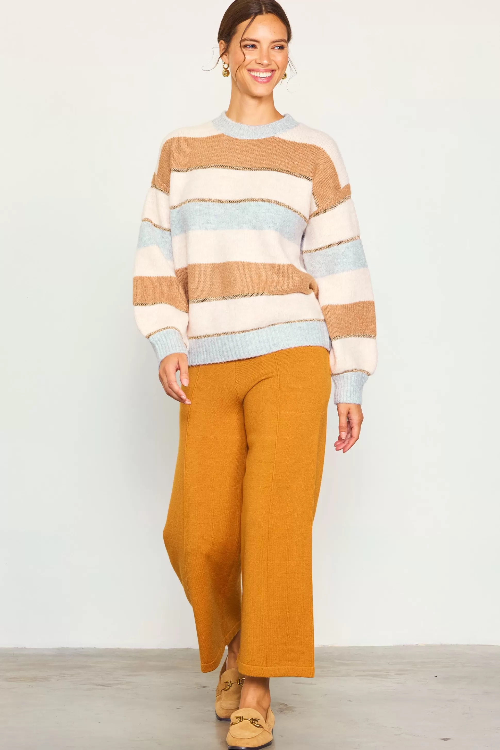 SKIES ARE BLUE Sweaters>Lurex Stripe Oversized Sweater Cream-camel