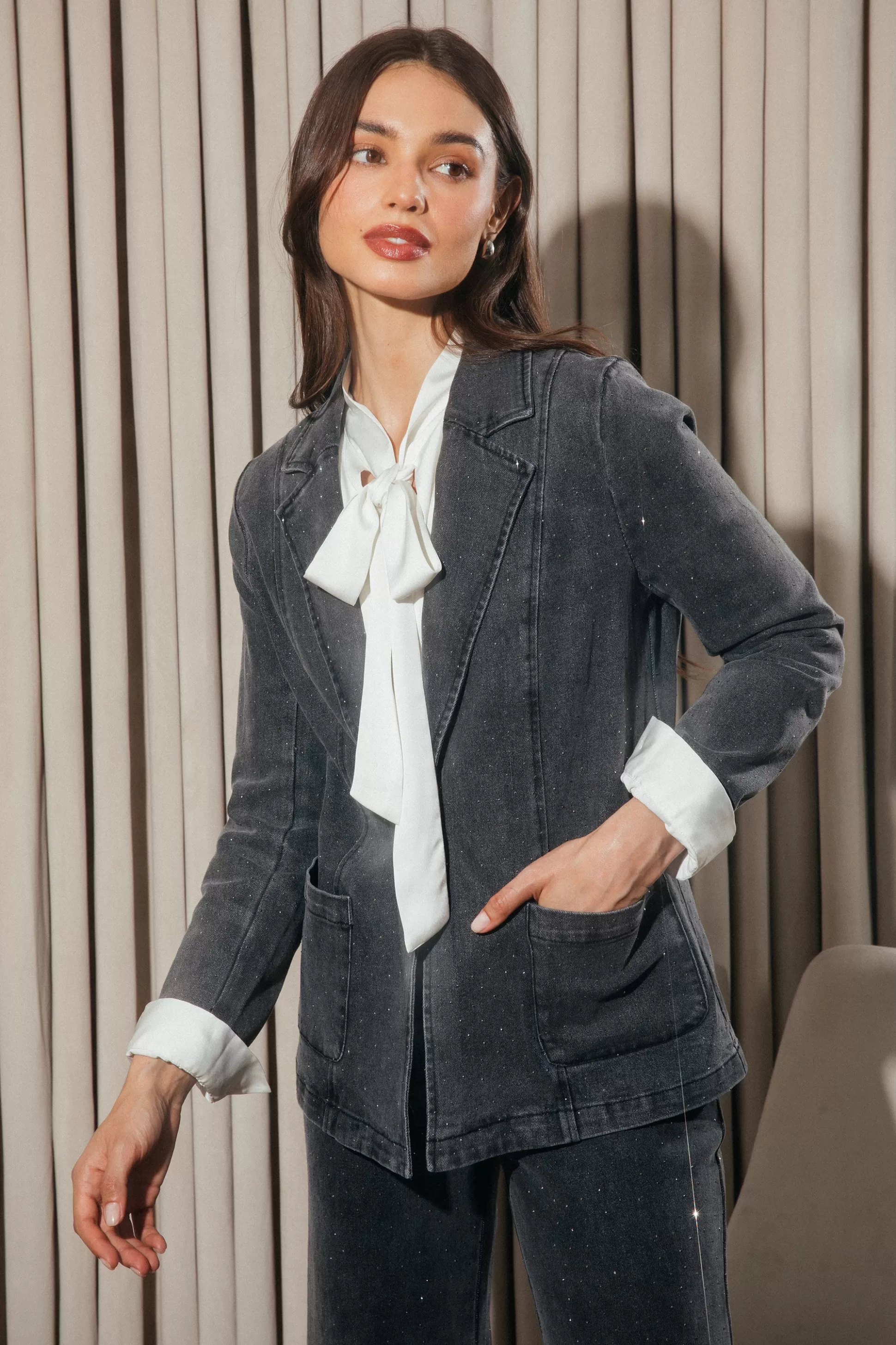 SKIES ARE BLUE Blazers>Lydia Rhinestone Denim Blazer Charcoal