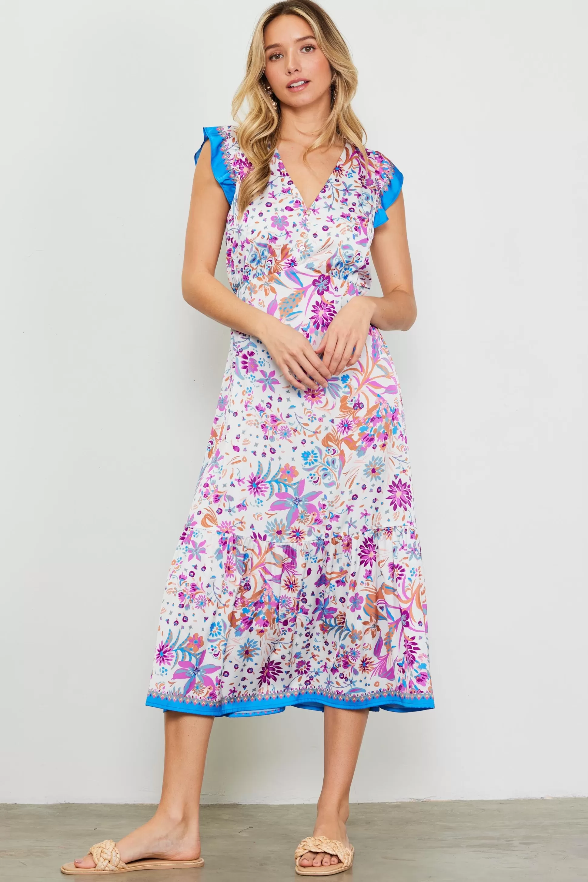 SKIES ARE BLUE Midi Dresses>Magnolia Border Print Flutter Sleeve Dress Floralcapriblue