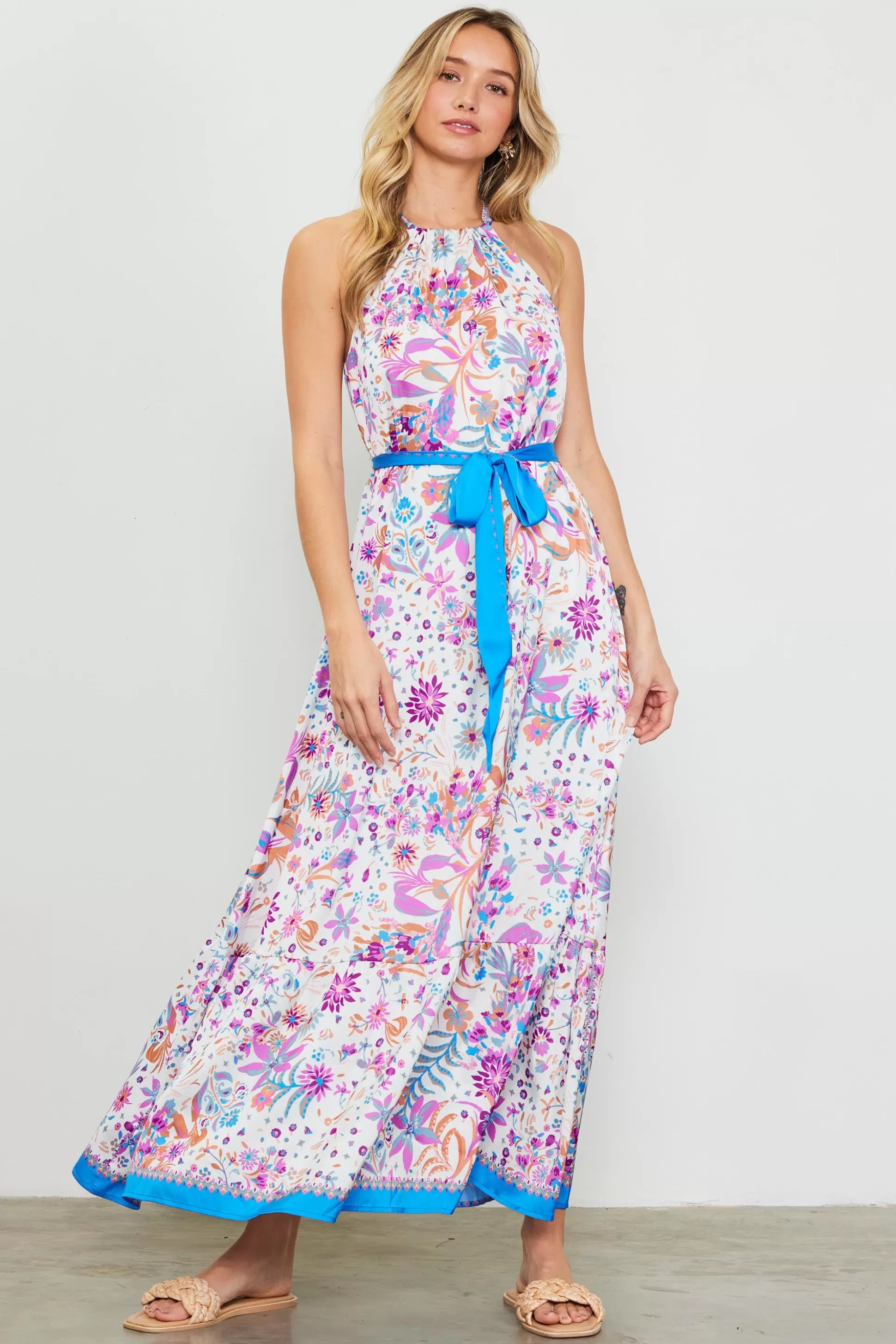 SKIES ARE BLUE Maxi Dresses>Magnolia Border Print Halter Neck Maxi Dress Floralcapriblue