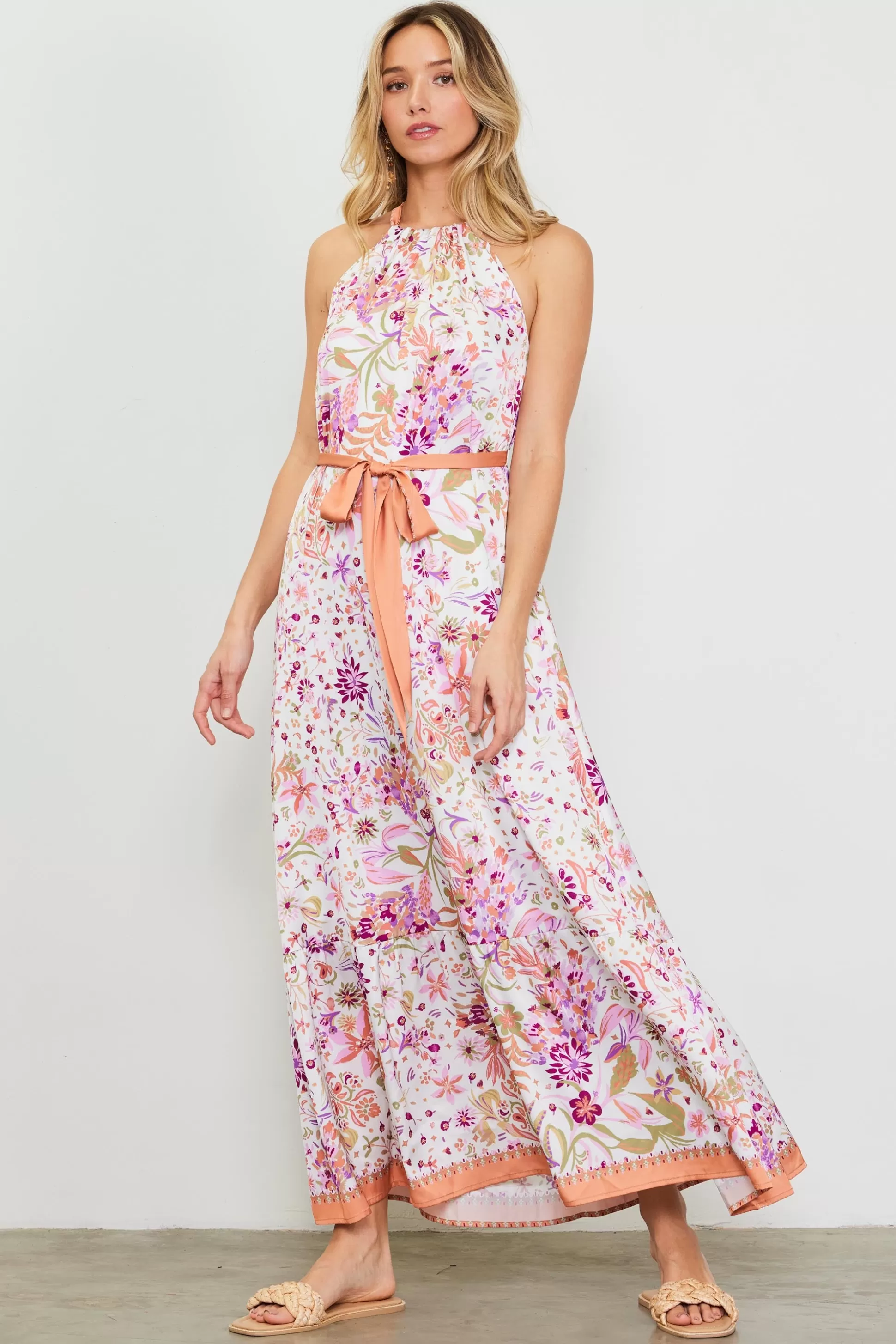 SKIES ARE BLUE Maxi Dresses>Magnolia Border Print Halter Neck Maxi Dress Floraltuscantan