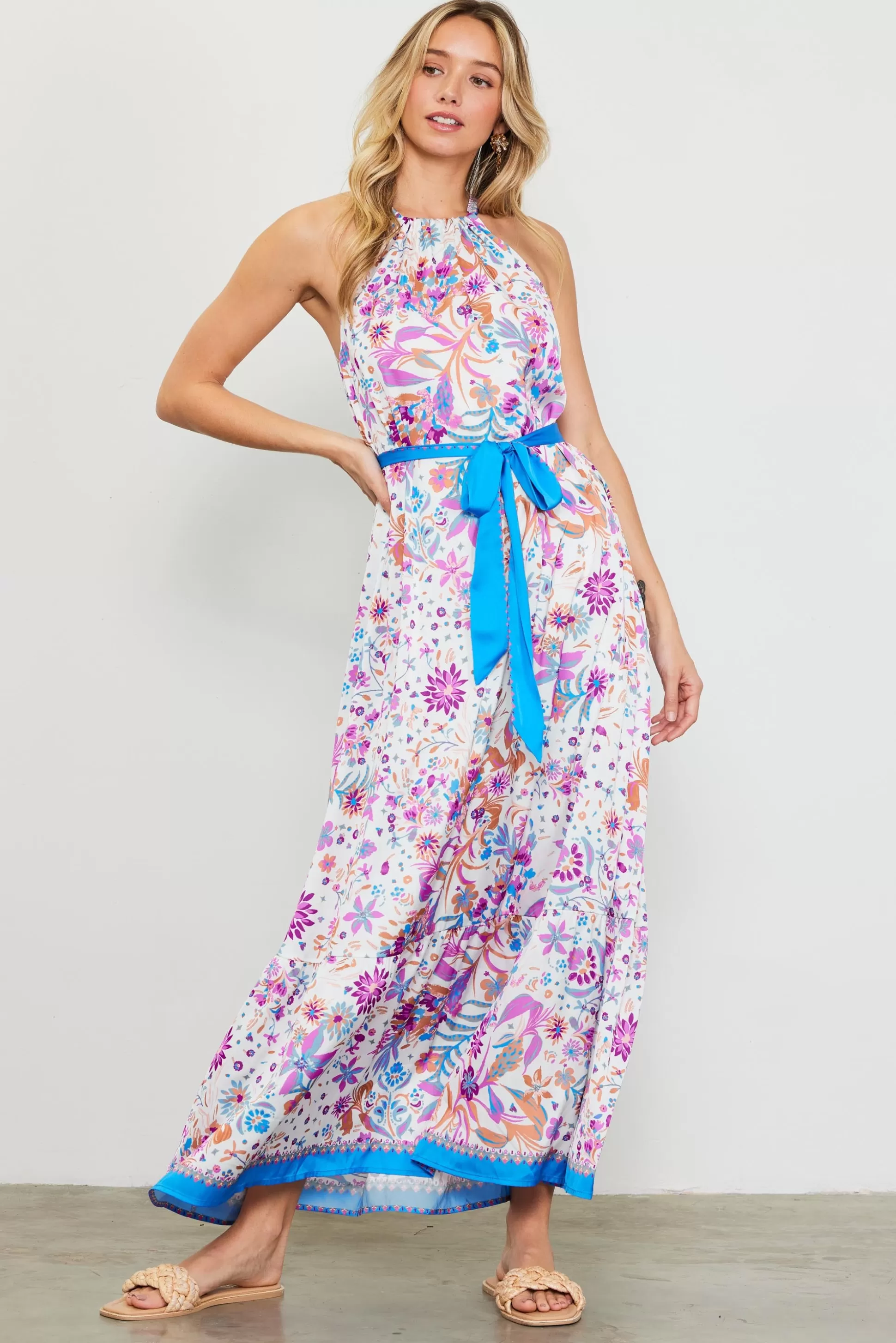 SKIES ARE BLUE Maxi Dresses>Magnolia Border Print Halter Neck Maxi Dress Floralcapriblue