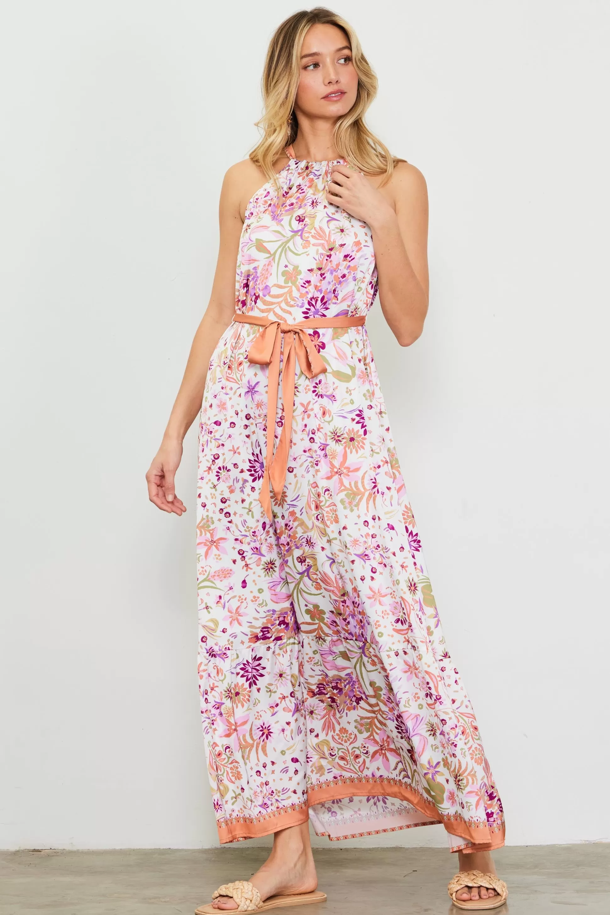 SKIES ARE BLUE Maxi Dresses>Magnolia Border Print Halter Neck Maxi Dress Floraltuscantan