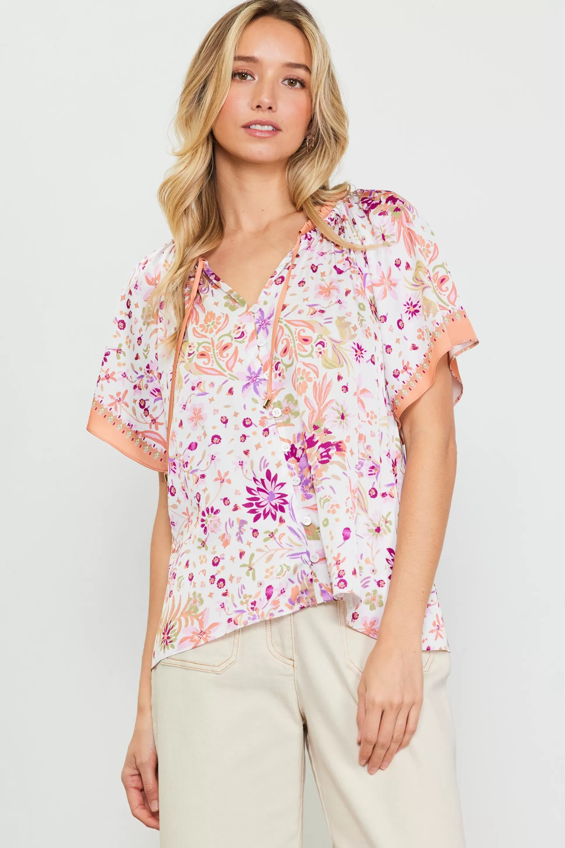 SKIES ARE BLUE Short Sleeve Tops>Magnolia Border Print Short Sleeve Top Floraltuscantan