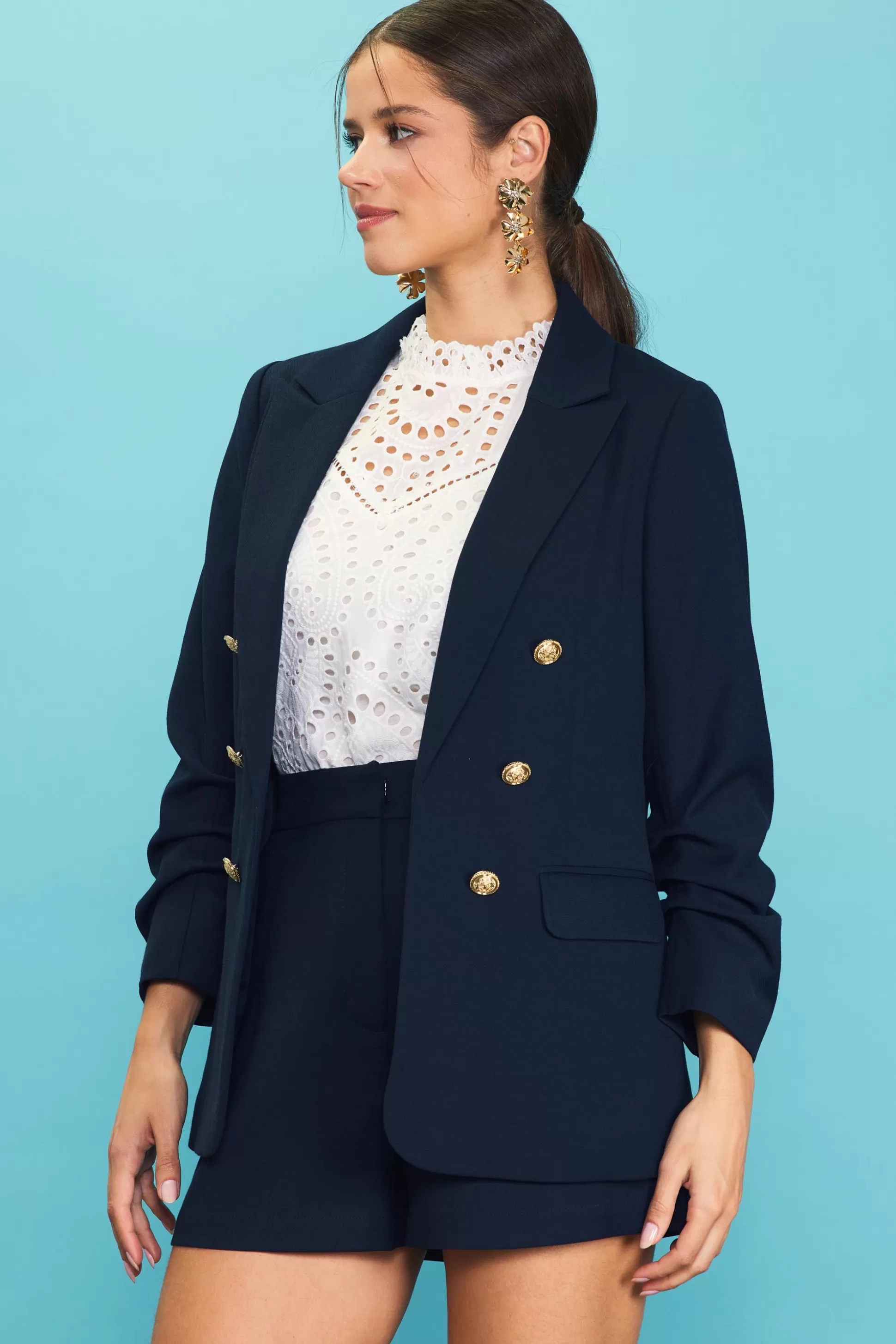 SKIES ARE BLUE Blazers>Maritime Ruched Blazer Navy