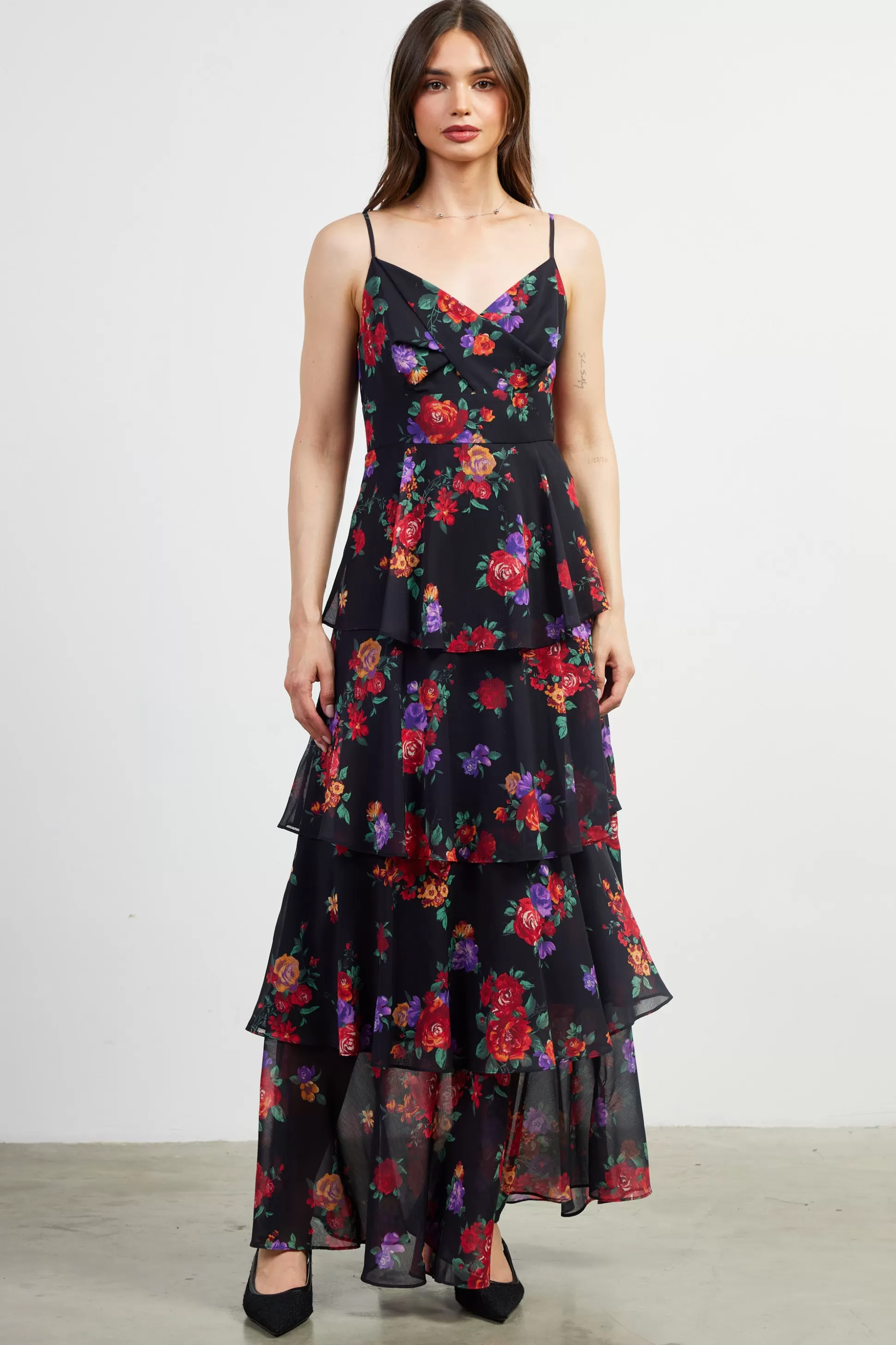 SKIES ARE BLUE Maxi Dresses>Mel Floral Print Tiered Maxi Dress Black/multi