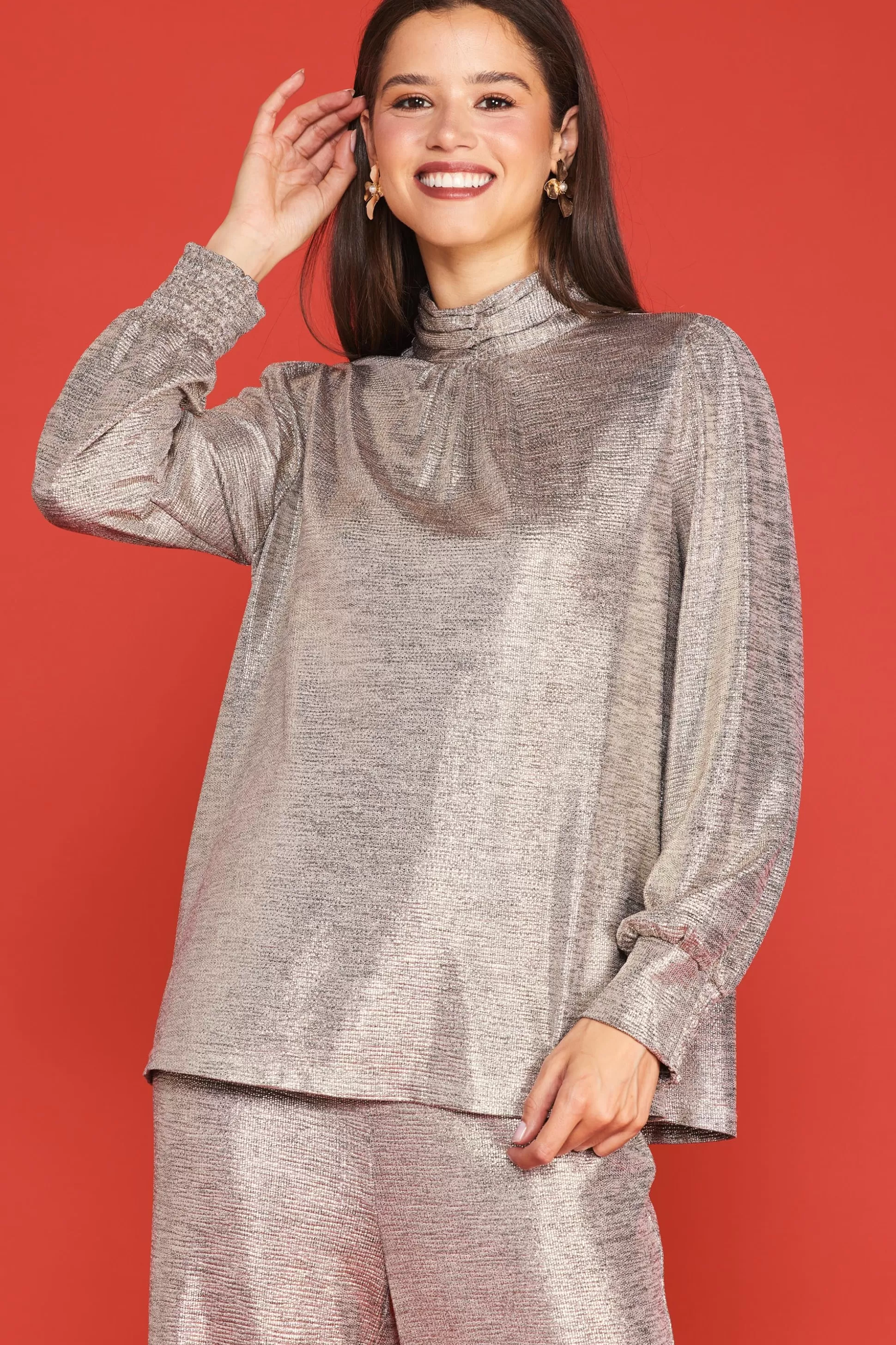 SKIES ARE BLUE Long Sleeve Tops>Metallic Foil Print Mock Neck Top Champagne