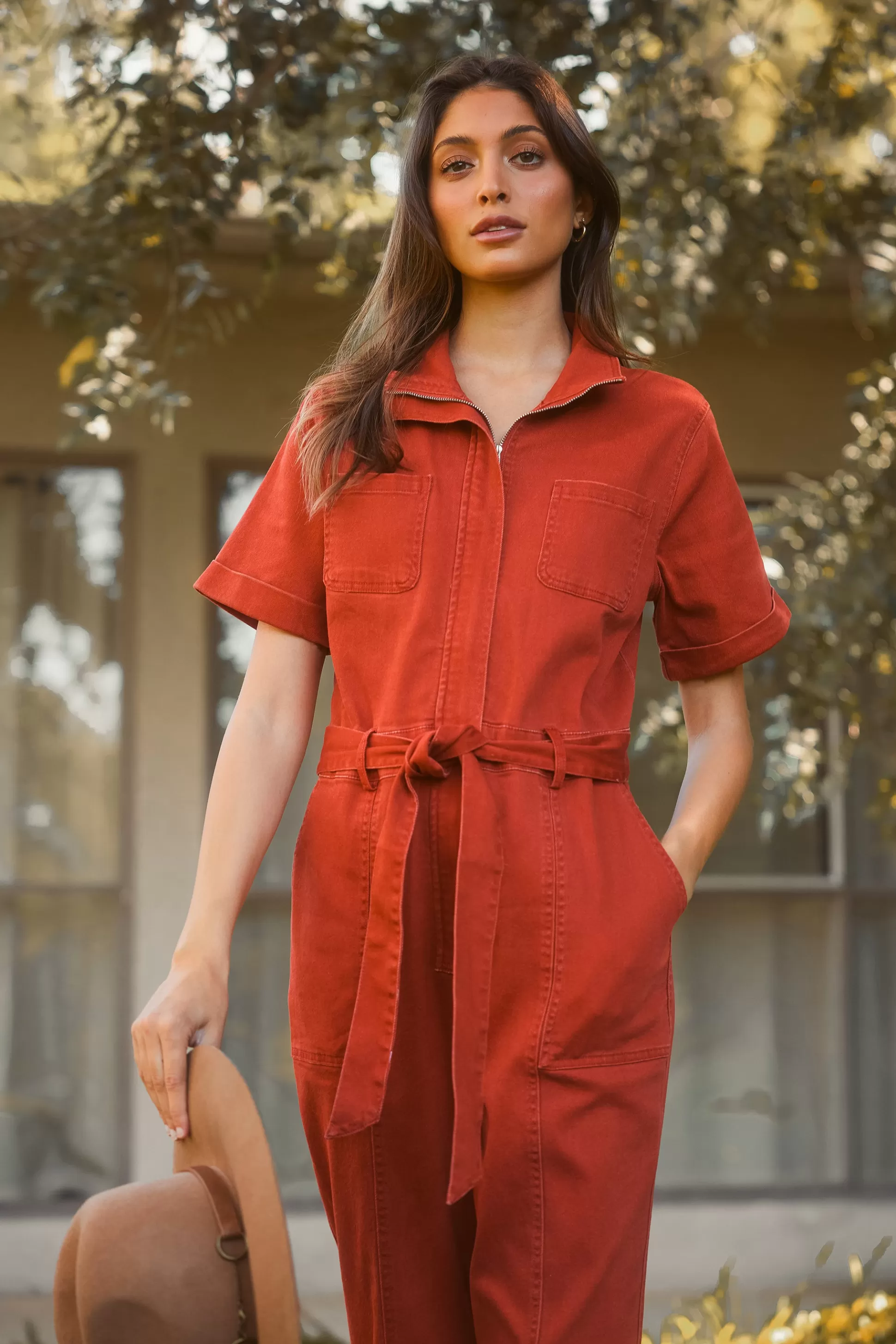 SKIES ARE BLUE Jumpsuits>Millie Utility Zip Jumpsuit Rust