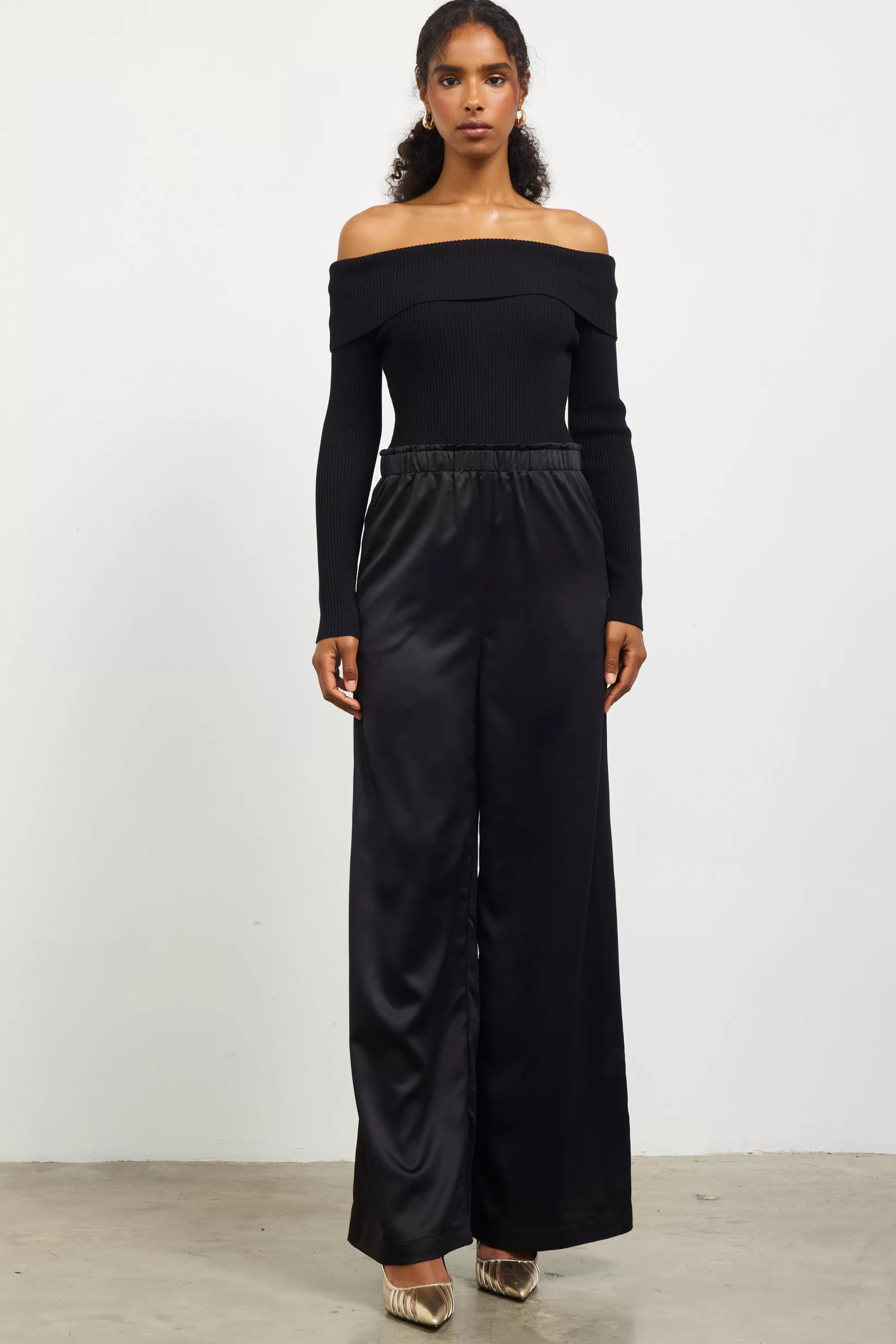 SKIES ARE BLUE Jumpsuits>Mixed Media Off-Shoulder Jumpsuit Black