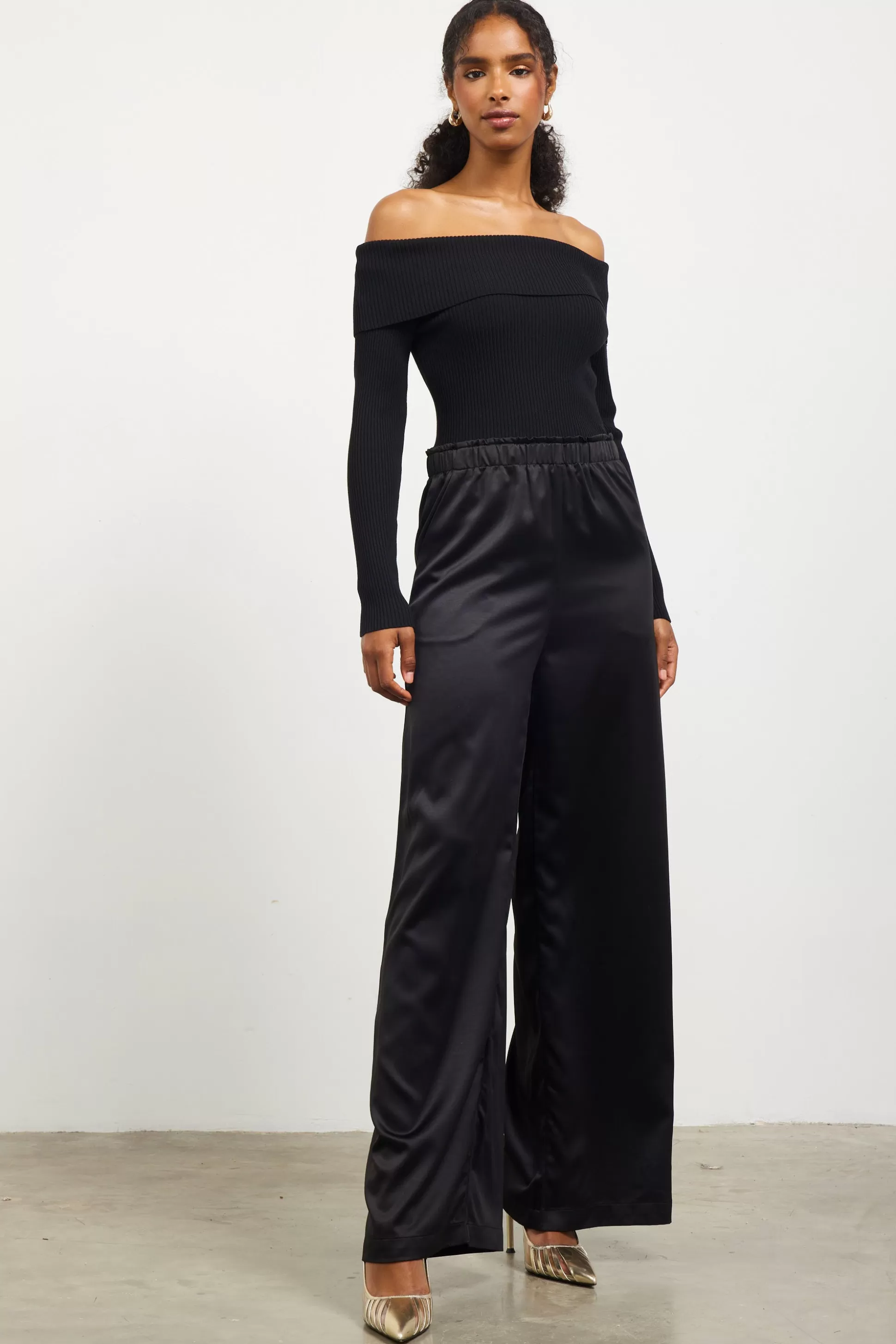 SKIES ARE BLUE Jumpsuits>Mixed Media Off-Shoulder Jumpsuit Black