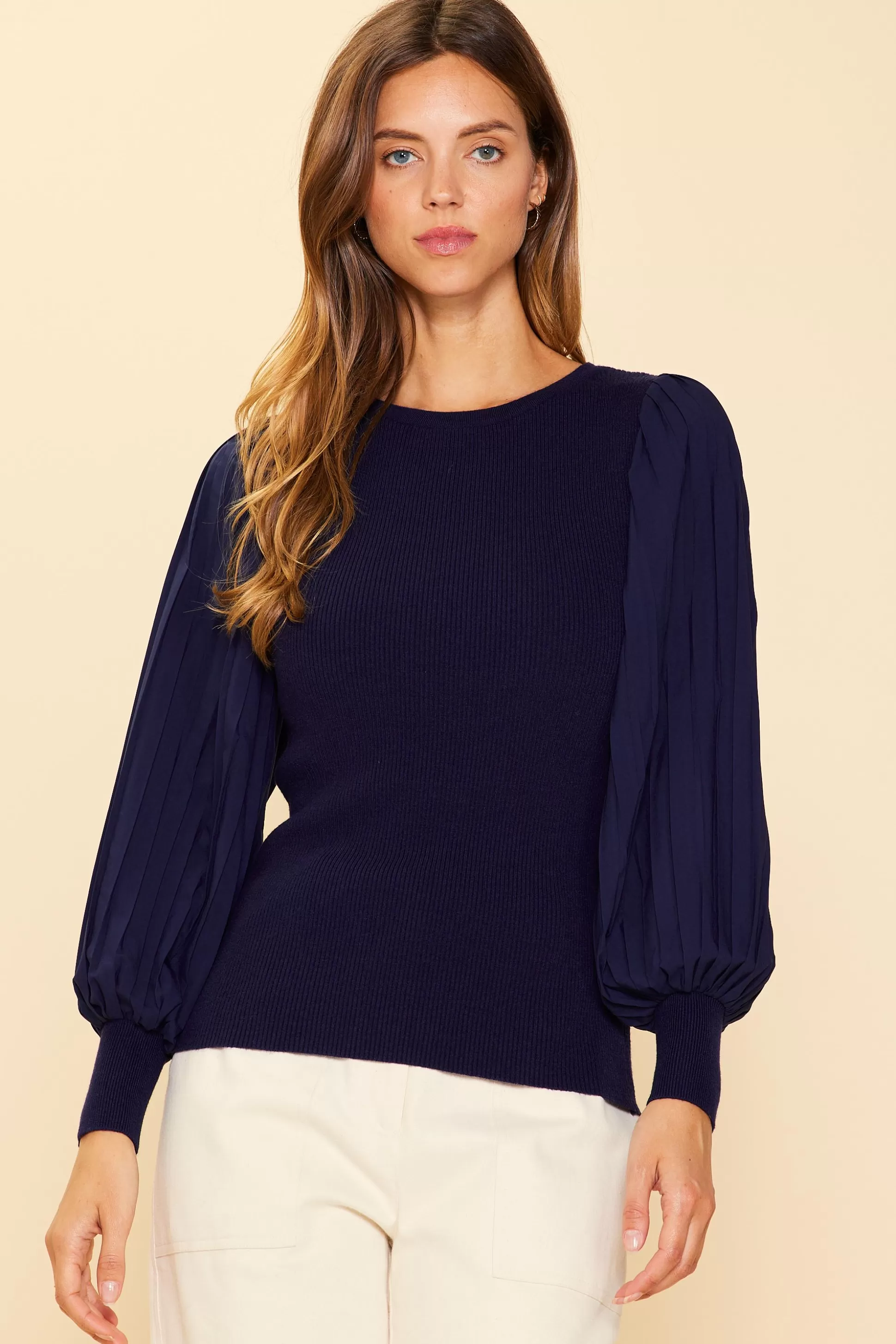 SKIES ARE BLUE Long Sleeve Tops>Mixed Media Pleated Sleeve Top Navy