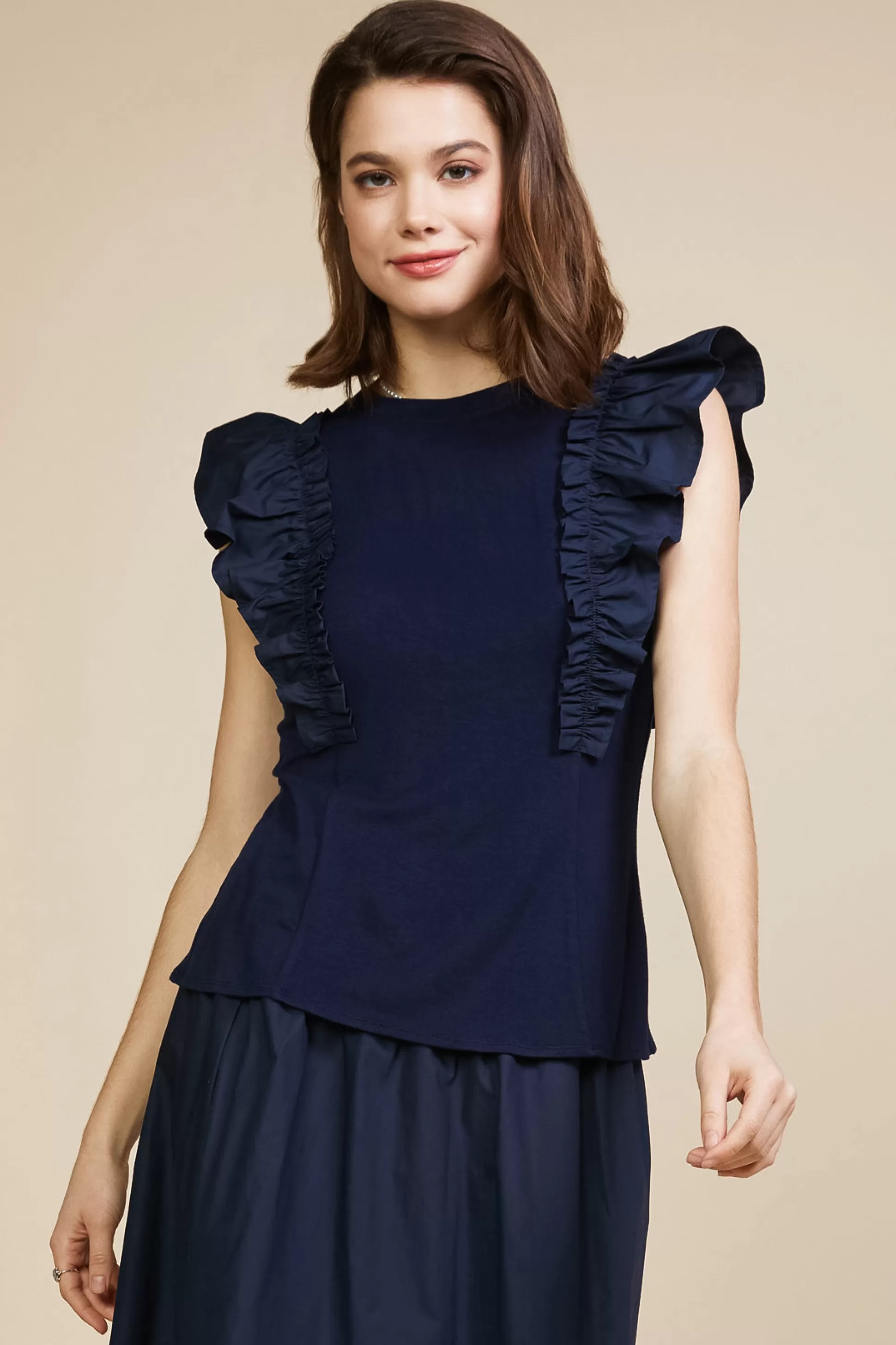 SKIES ARE BLUE Sleeveless Tops>Mixed Media Ruffled Knit Top Navy