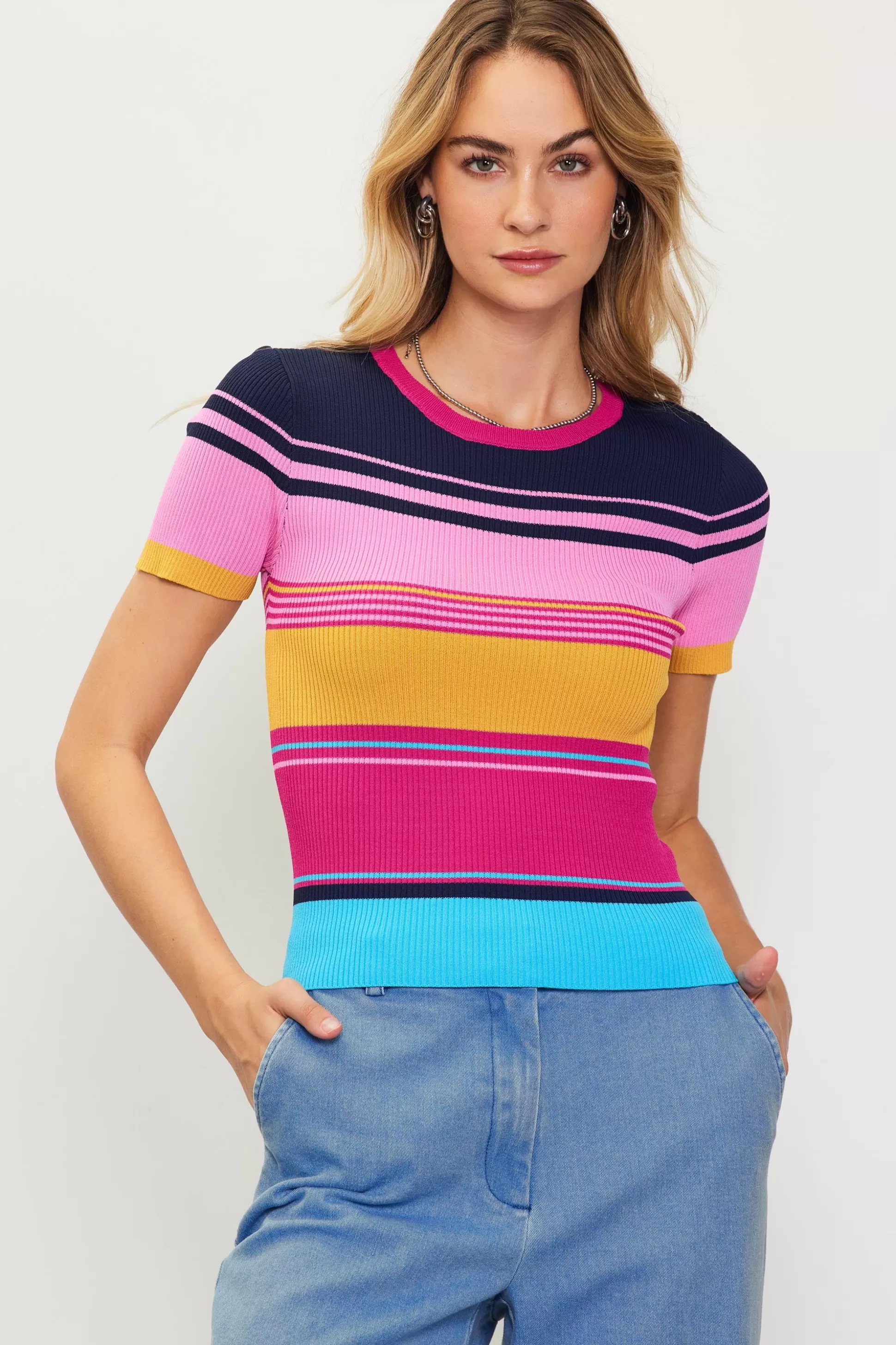 SKIES ARE BLUE Short Sleeve Tops | Sweaters>Multicolor Stripe Knit Top Rainbow