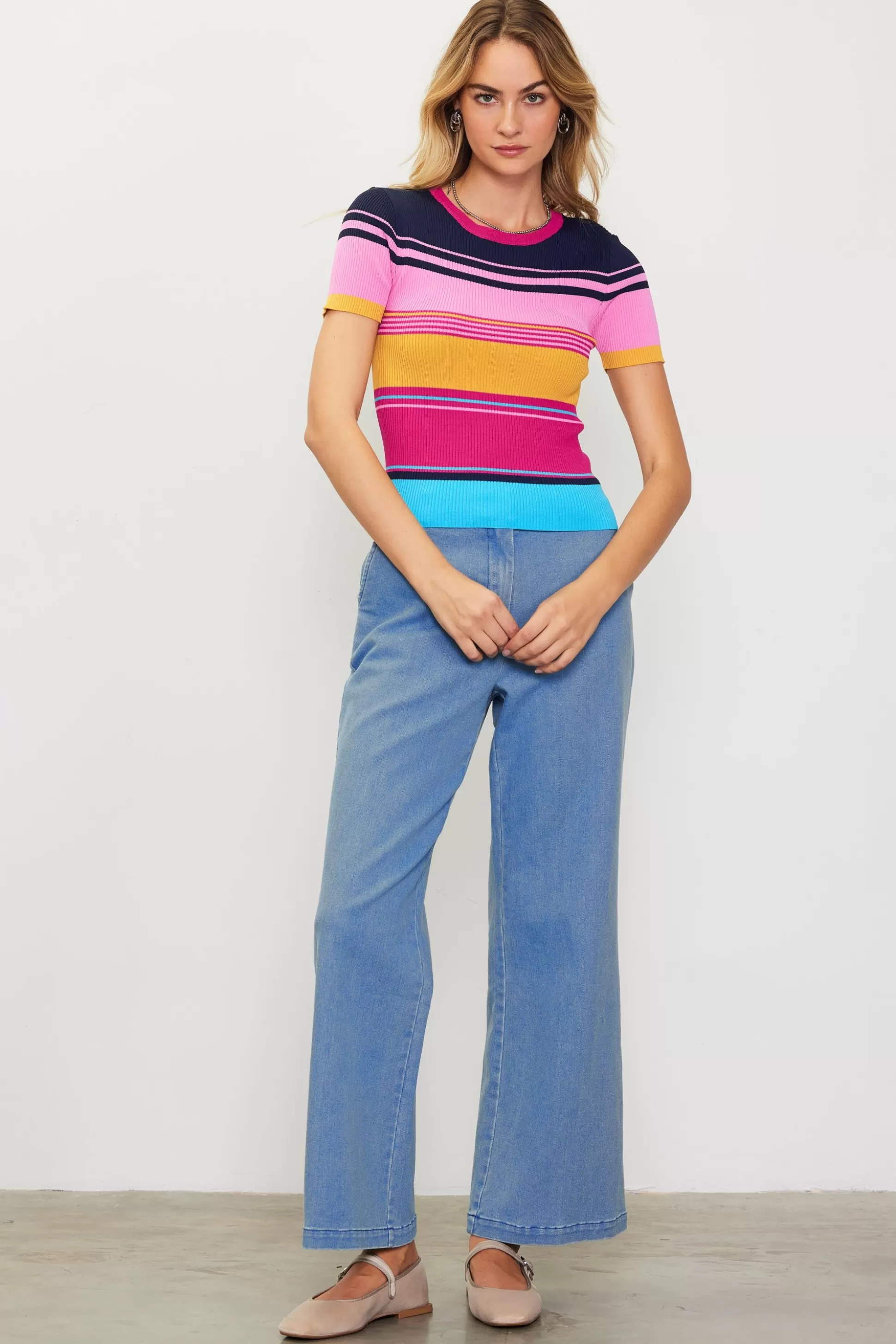 SKIES ARE BLUE Short Sleeve Tops | Sweaters>Multicolor Stripe Knit Top Rainbow