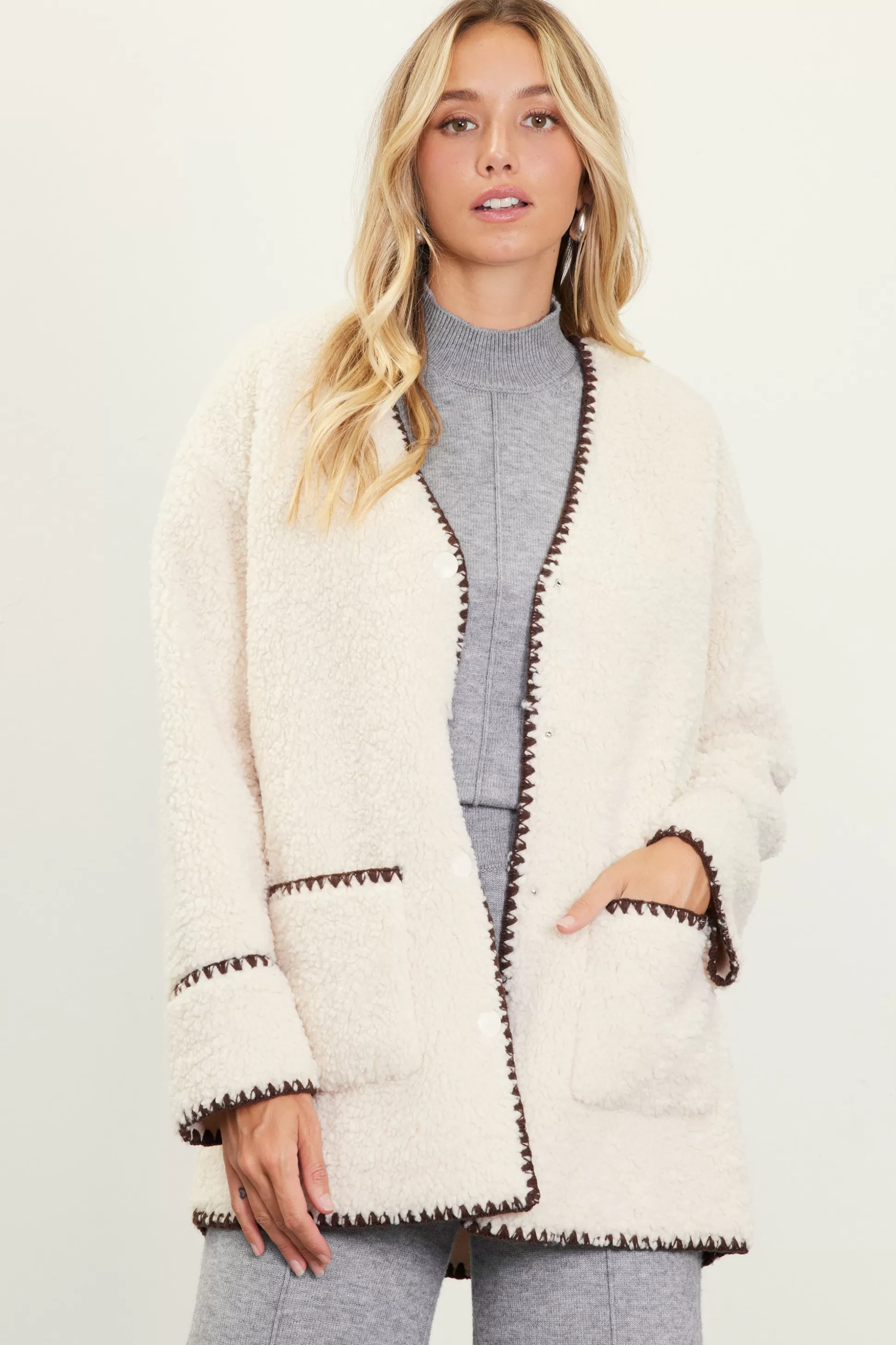 SKIES ARE BLUE Outerwear>Noelle Contrast Stitch Detail Sherpa Coat Cream-chocolate