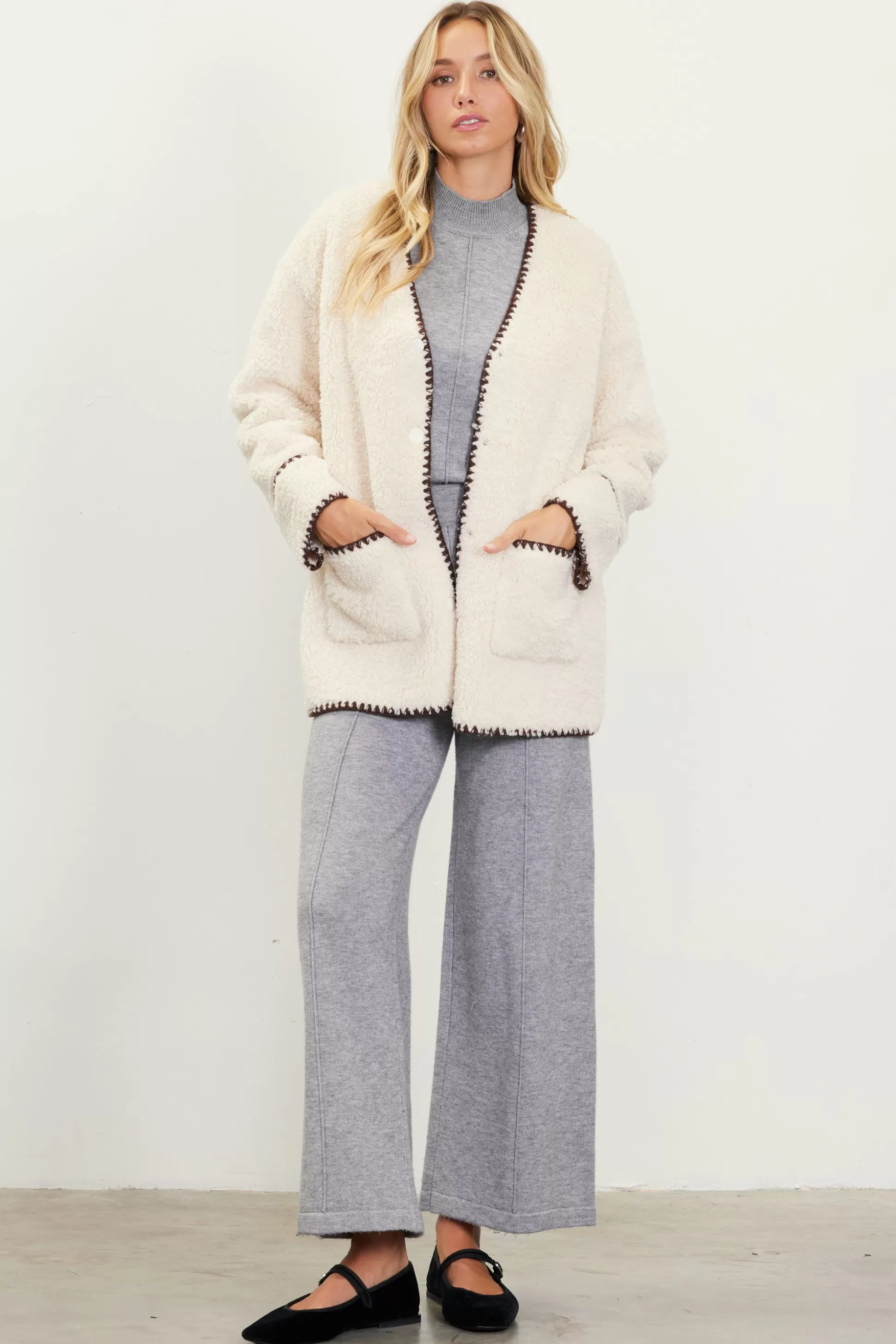 SKIES ARE BLUE Outerwear>Noelle Contrast Stitch Detail Sherpa Coat Cream-chocolate