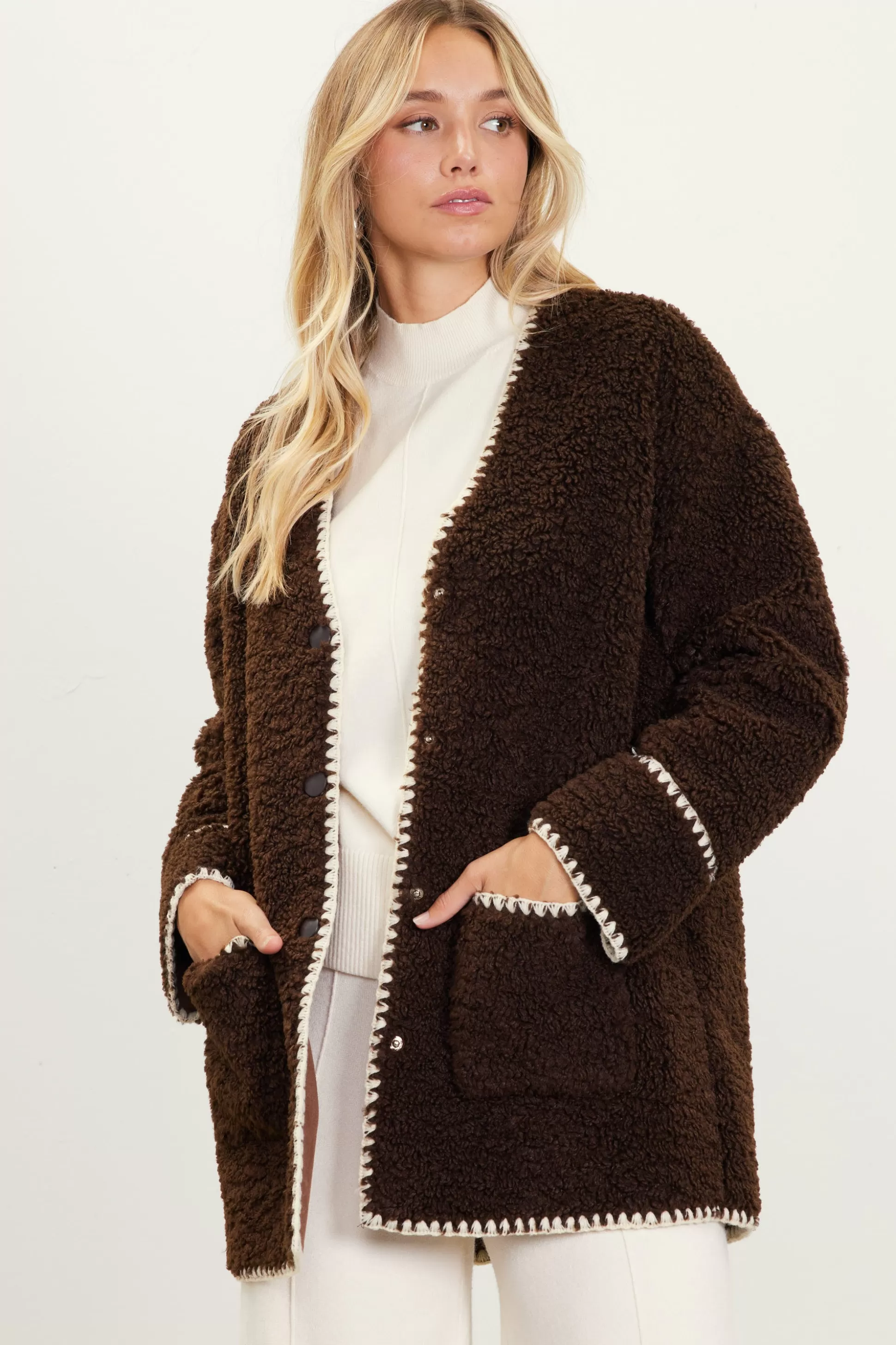 SKIES ARE BLUE Outerwear>Noelle Contrast Stitch Detail Sherpa Coat Chocolate-cream