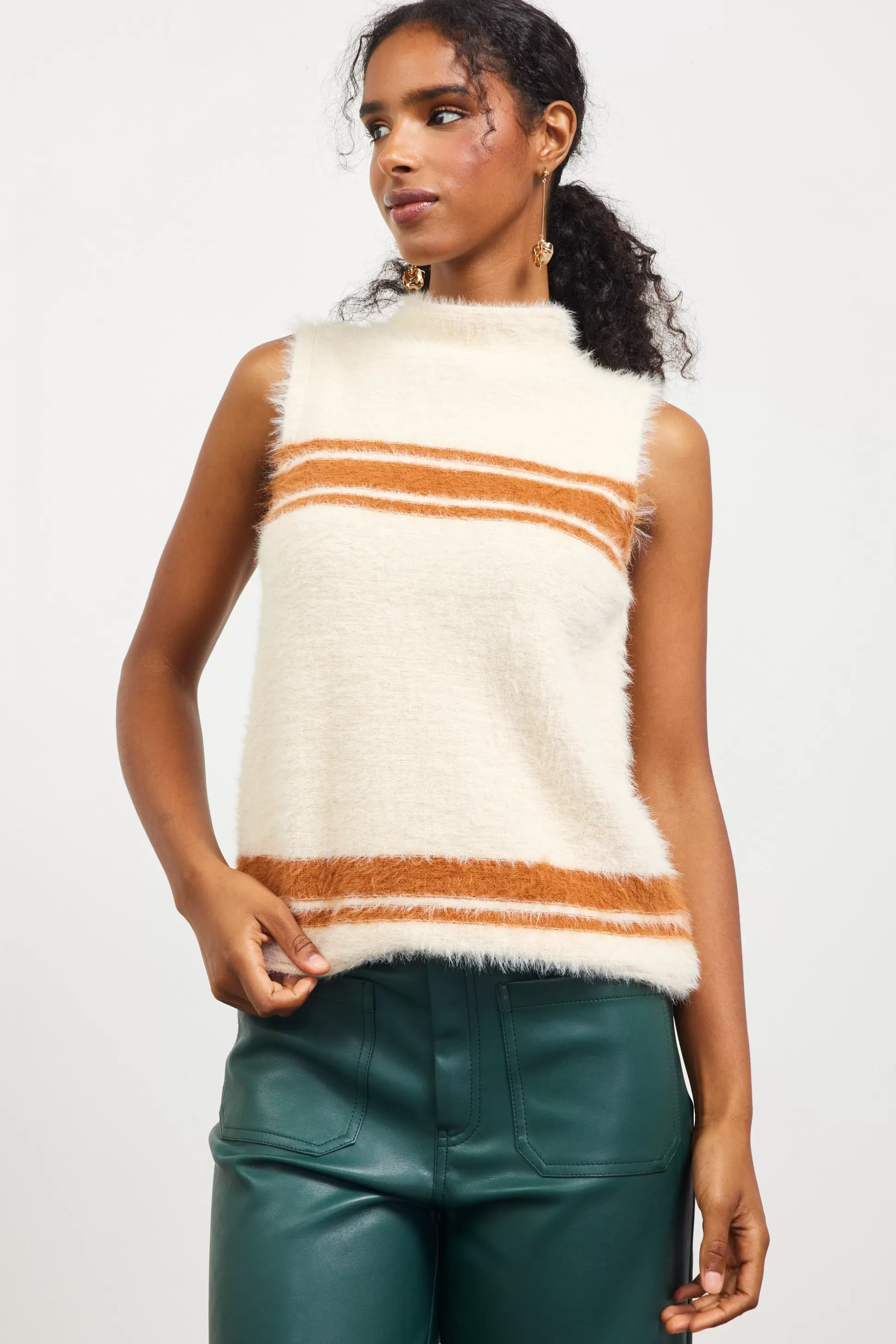 SKIES ARE BLUE Sleeveless Tops | Sweaters>Nora Mock Neck Sweater Vest Cream-camel