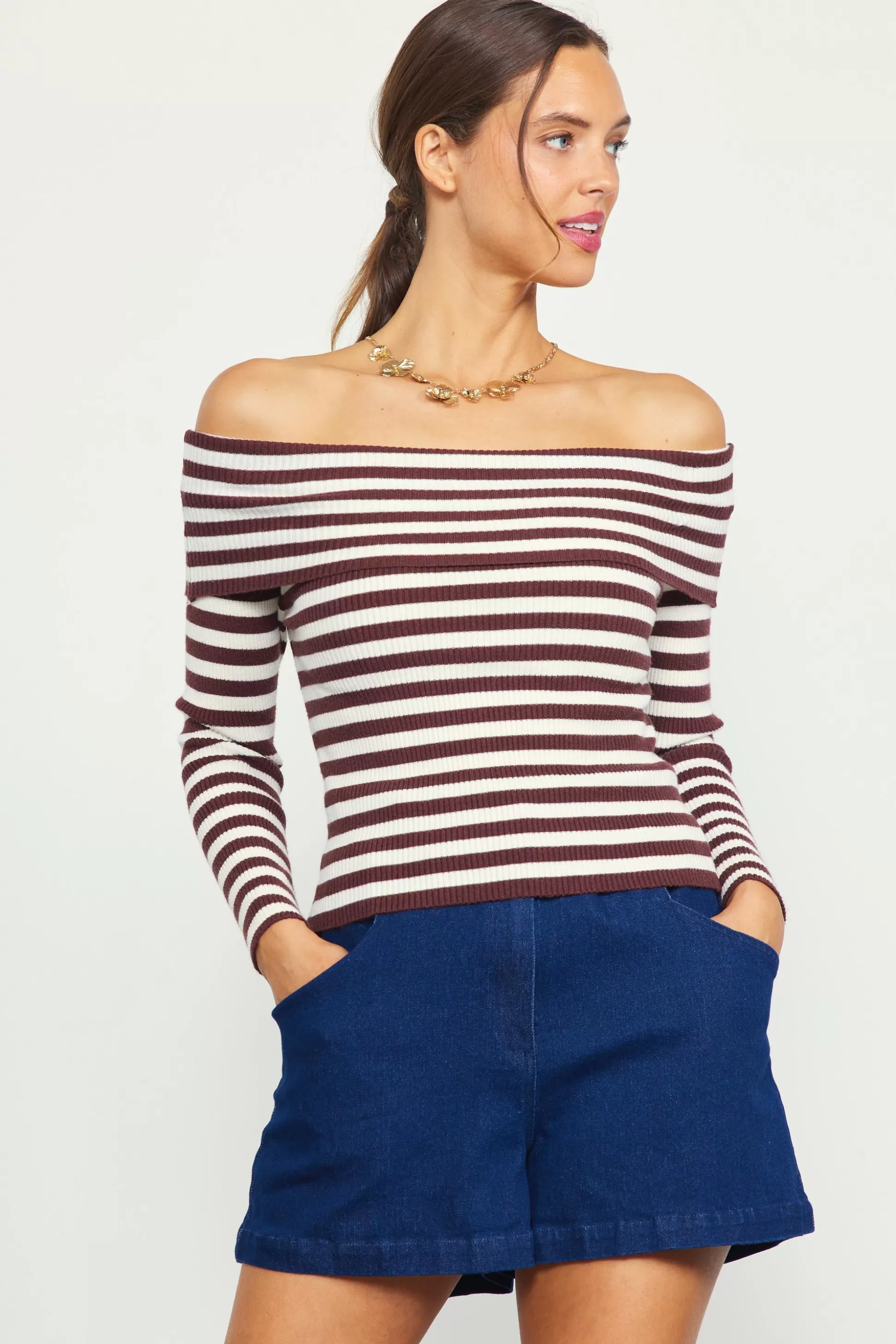 SKIES ARE BLUE Long Sleeve Tops>Off Shoulder Stripped Knit Top Chocolate-cream