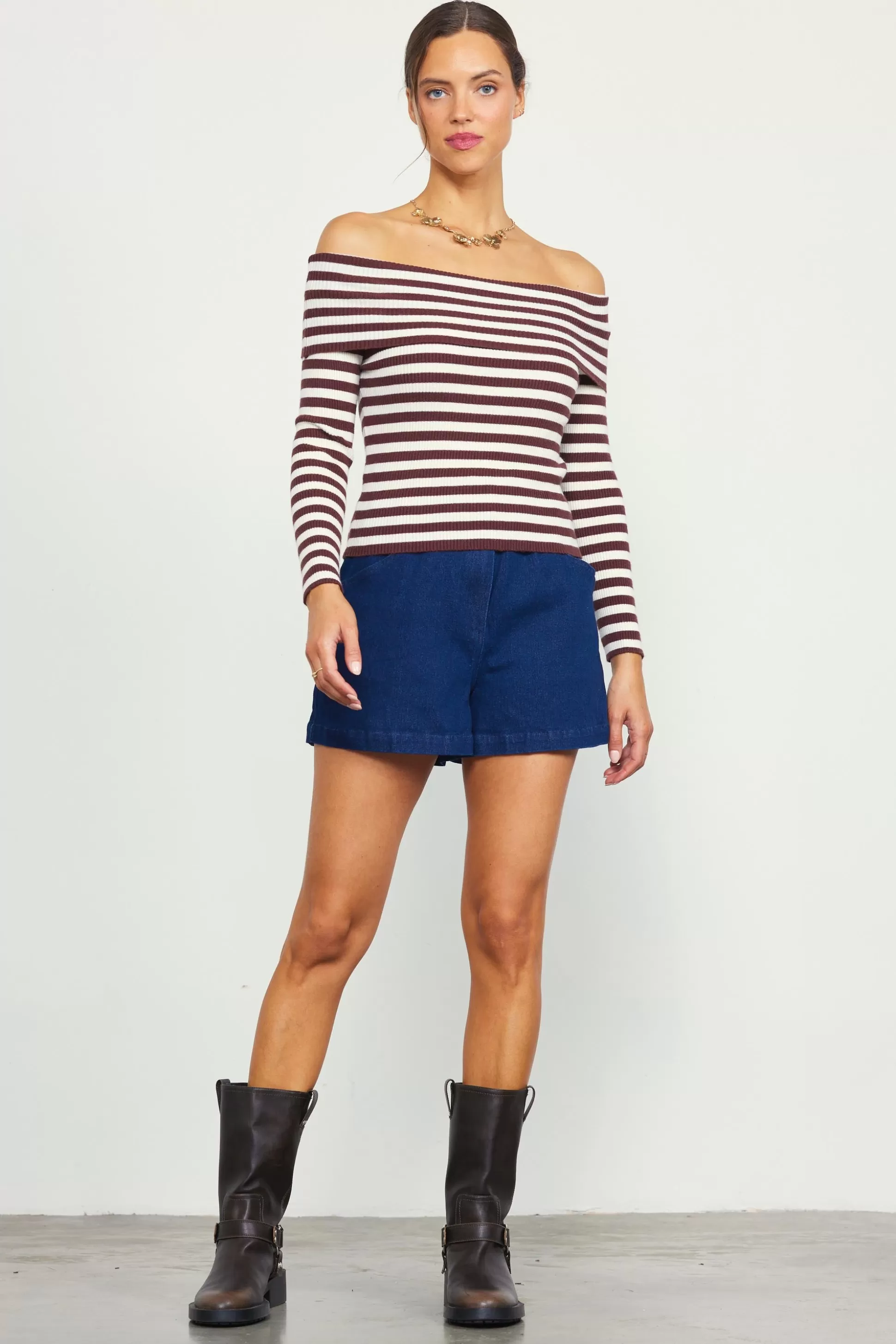 SKIES ARE BLUE Long Sleeve Tops>Off Shoulder Stripped Knit Top Chocolate-cream