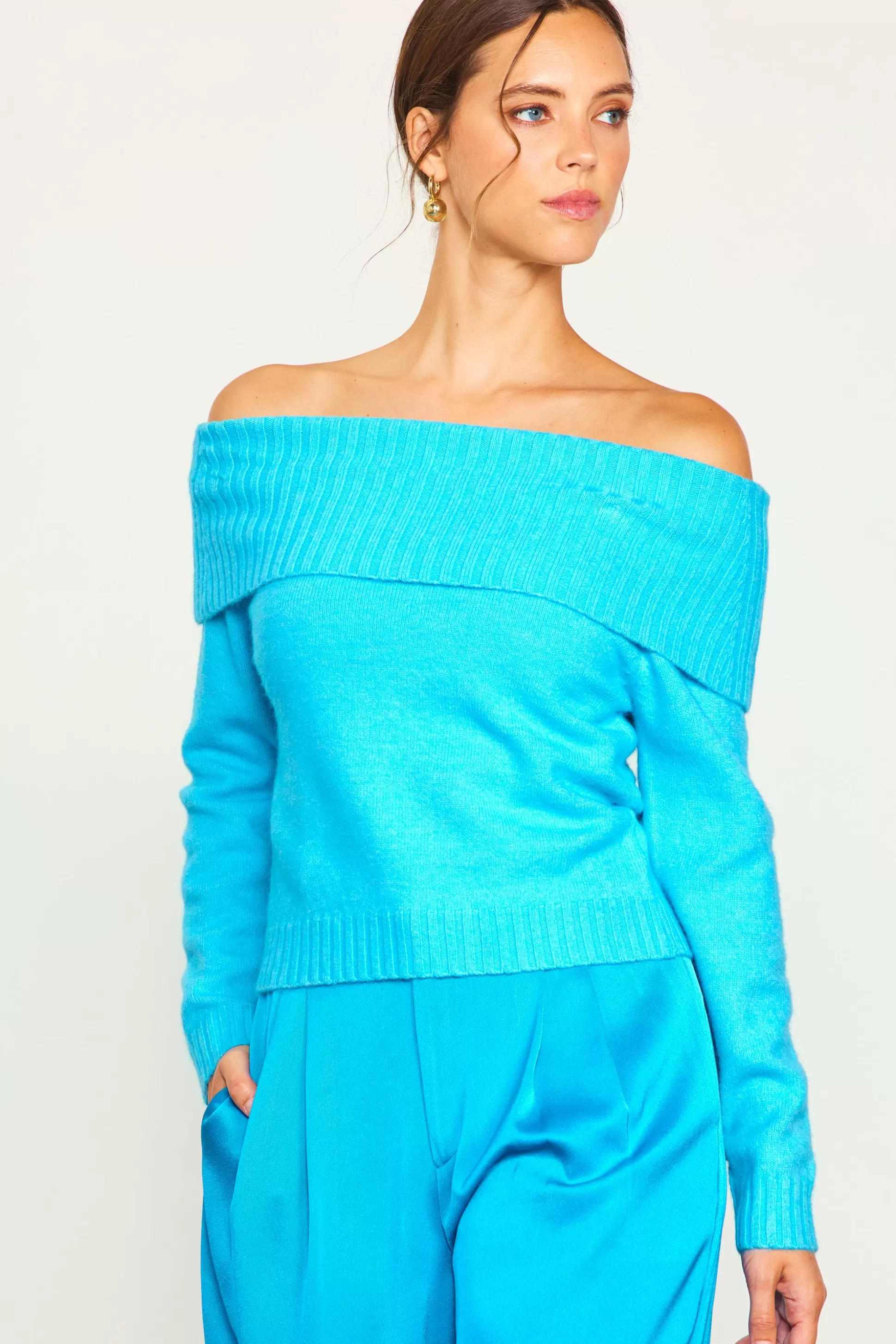 SKIES ARE BLUE Long Sleeve Tops | Sweaters>Off Shoulder Sweater Lightturquoise