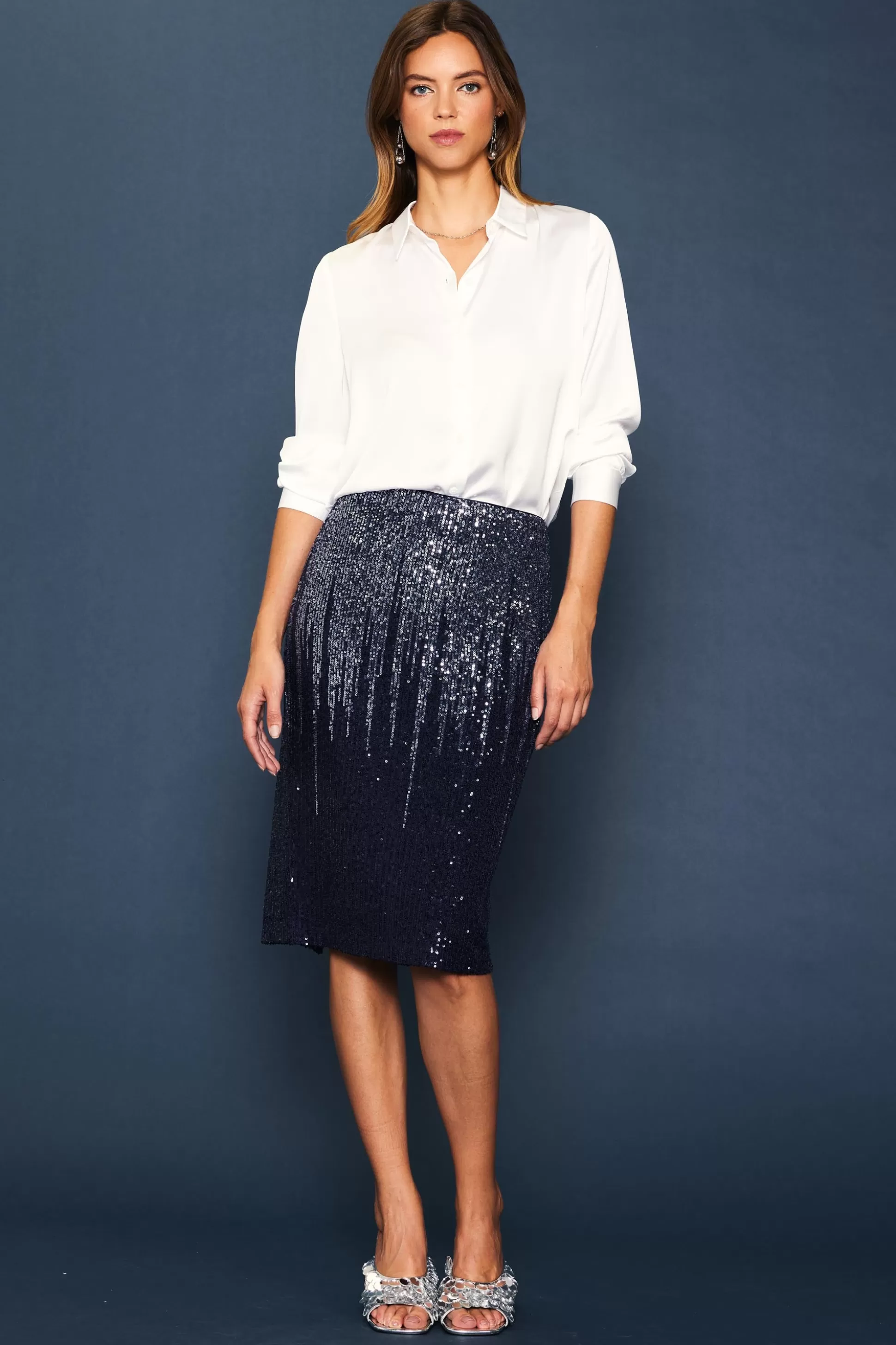 SKIES ARE BLUE Skirts>Ombre Sequin Midi Skirt Navy