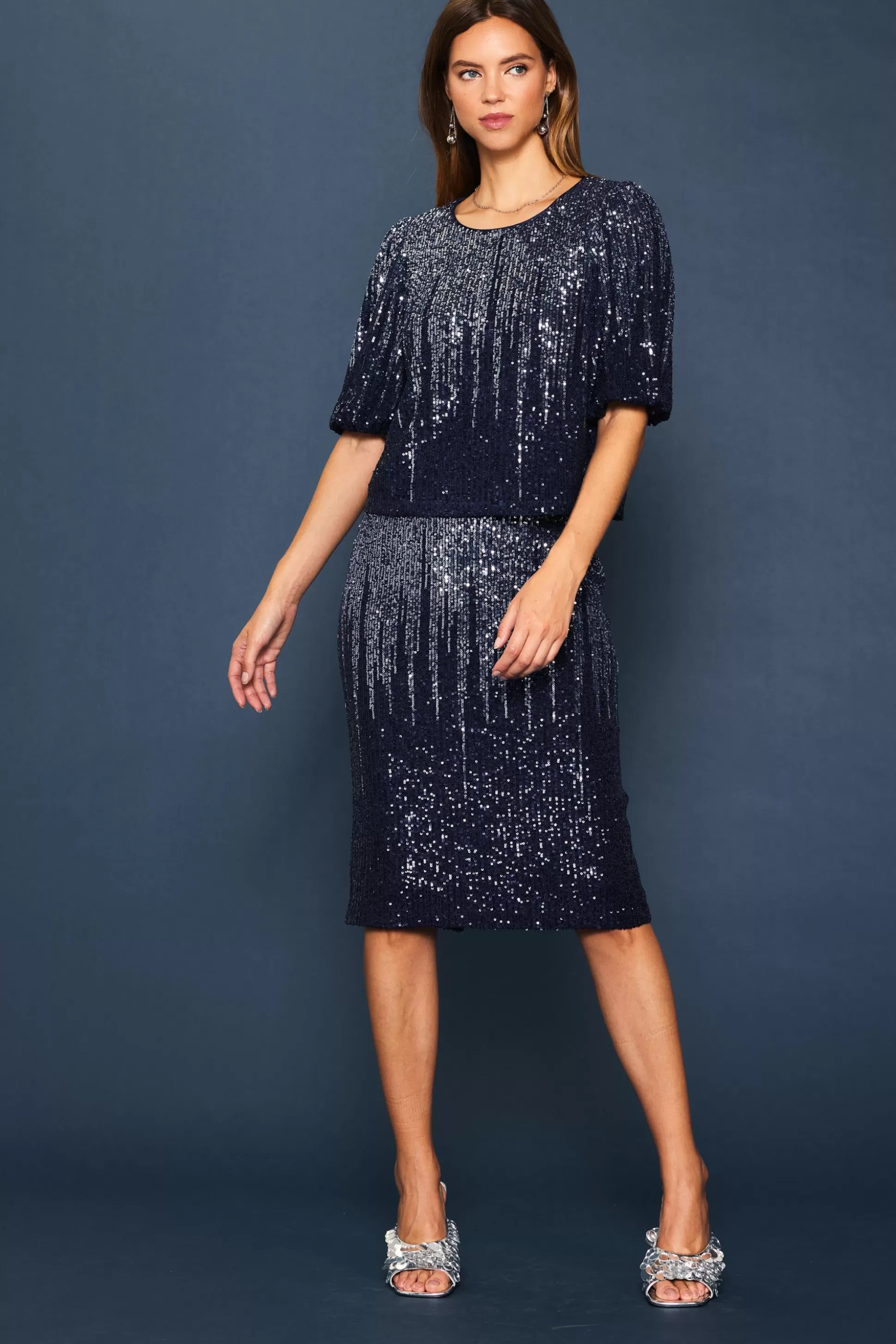 SKIES ARE BLUE Skirts>Ombre Sequin Midi Skirt Navy