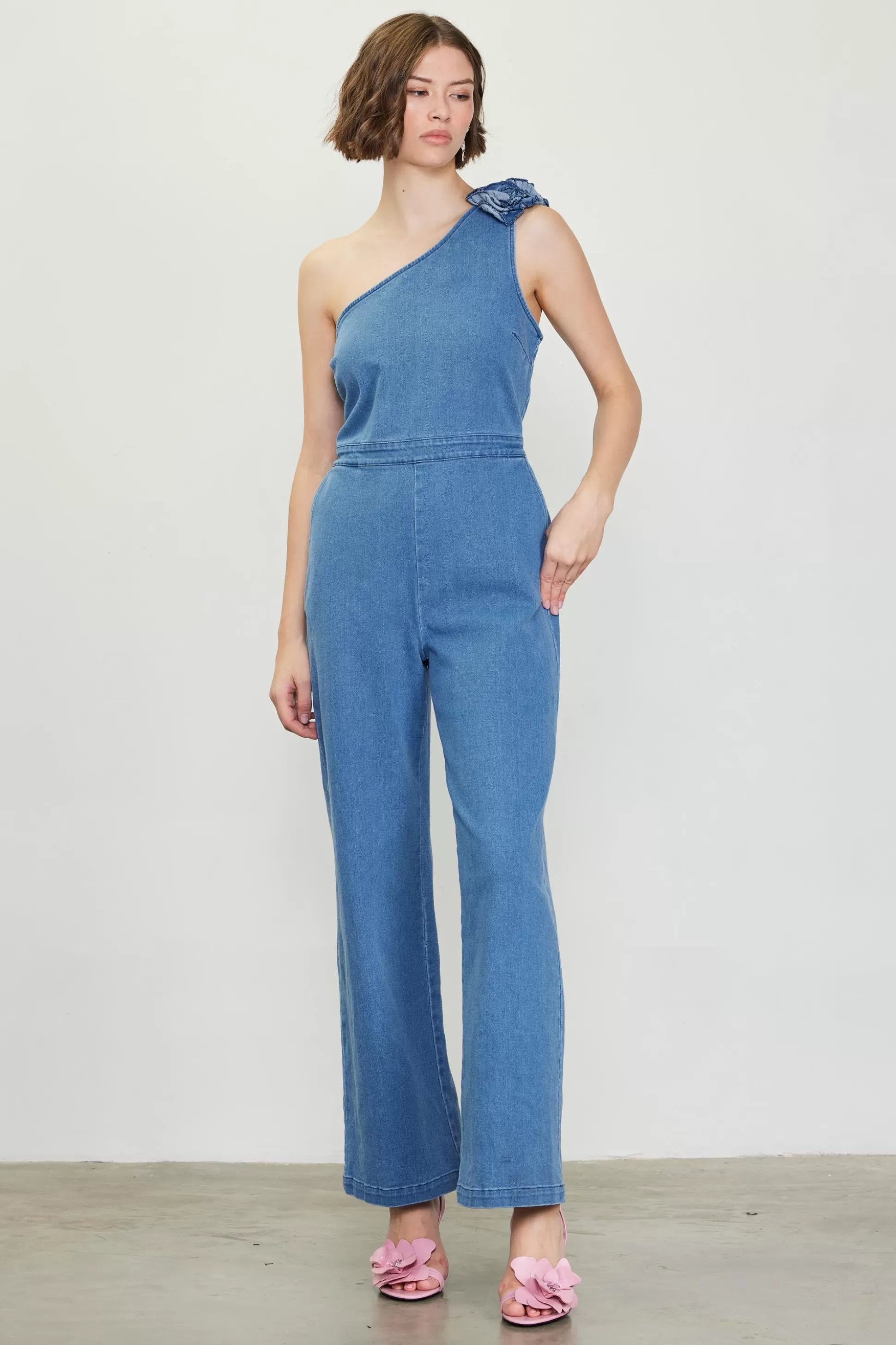 SKIES ARE BLUE Jumpsuits>One Shoulder Denim Jumpsuit with Rosette Bluedenim