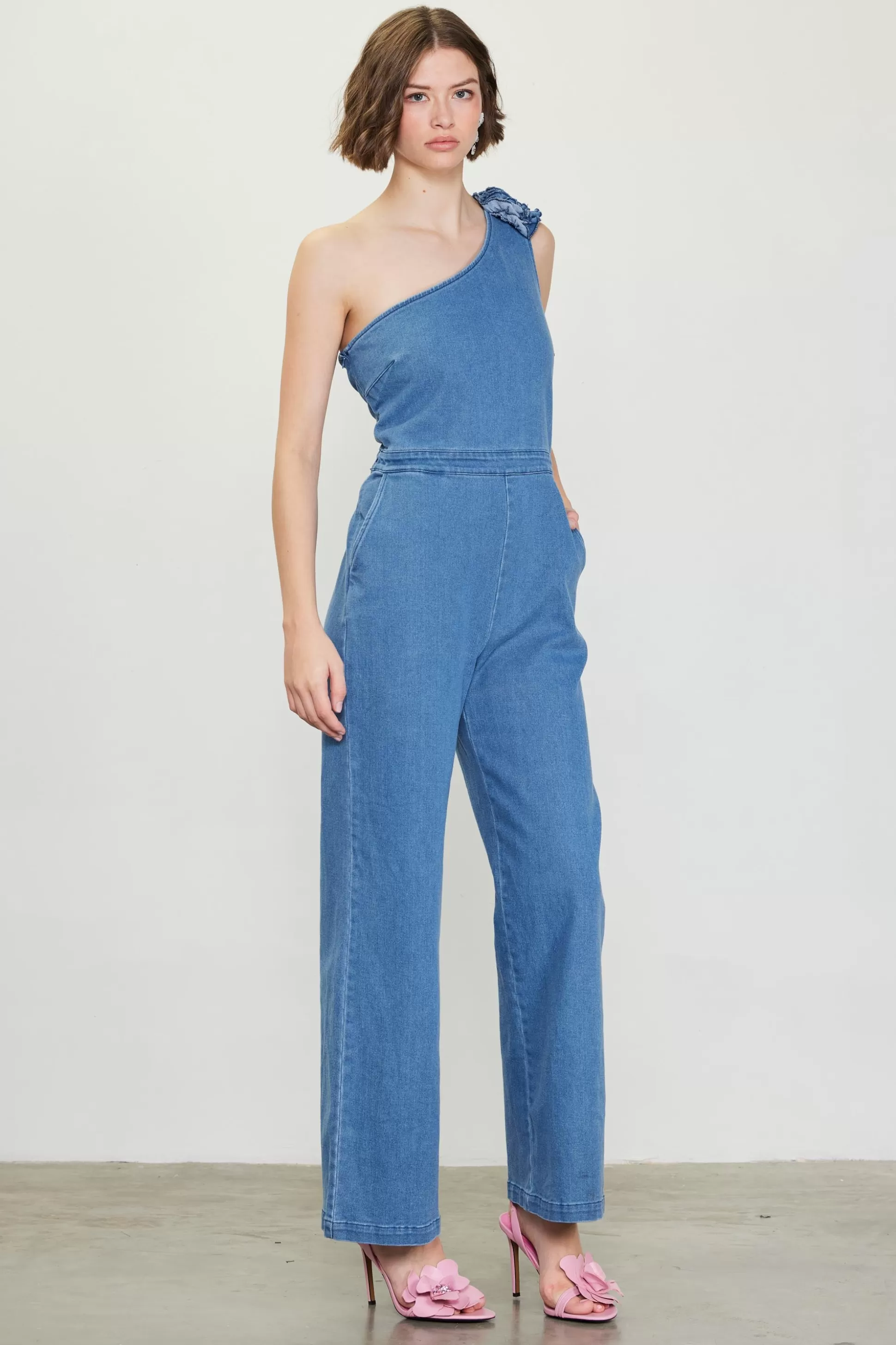 SKIES ARE BLUE Jumpsuits>One Shoulder Denim Jumpsuit with Rosette Bluedenim