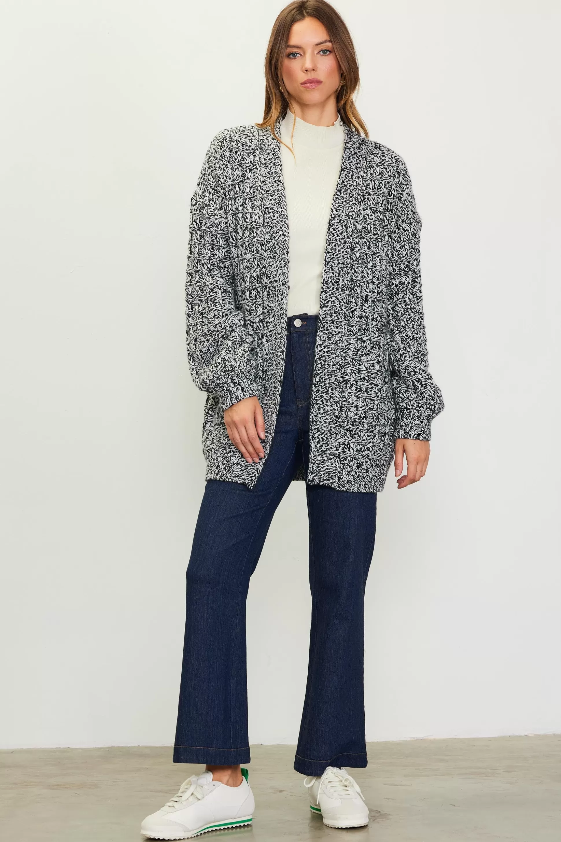 SKIES ARE BLUE Outerwear | Sweaters>Open Front Marled Cardigan Cream-black