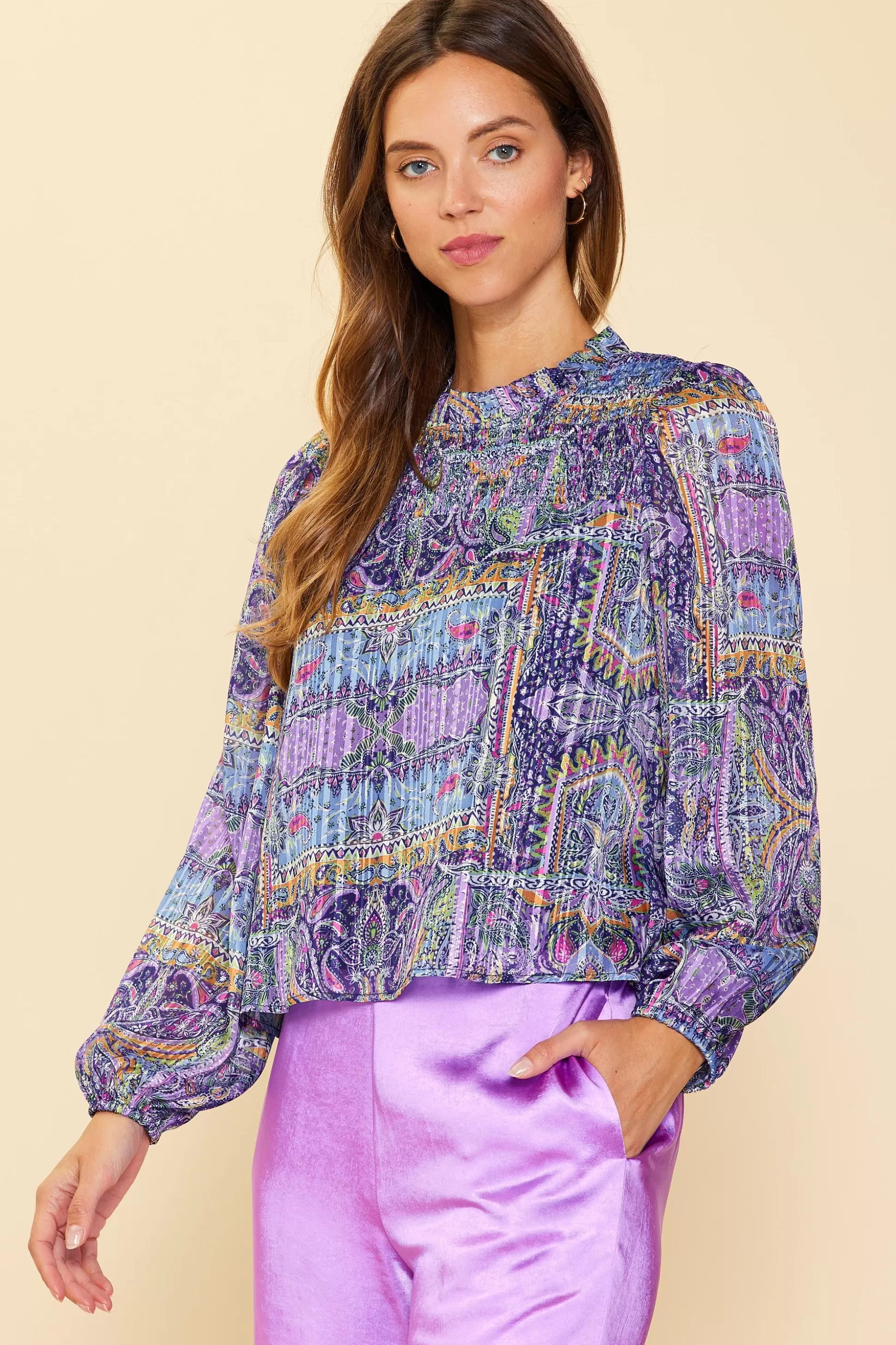 SKIES ARE BLUE Long Sleeve Tops | Blouses>Paisley Motif Smocked Detail Top Lavender-navy