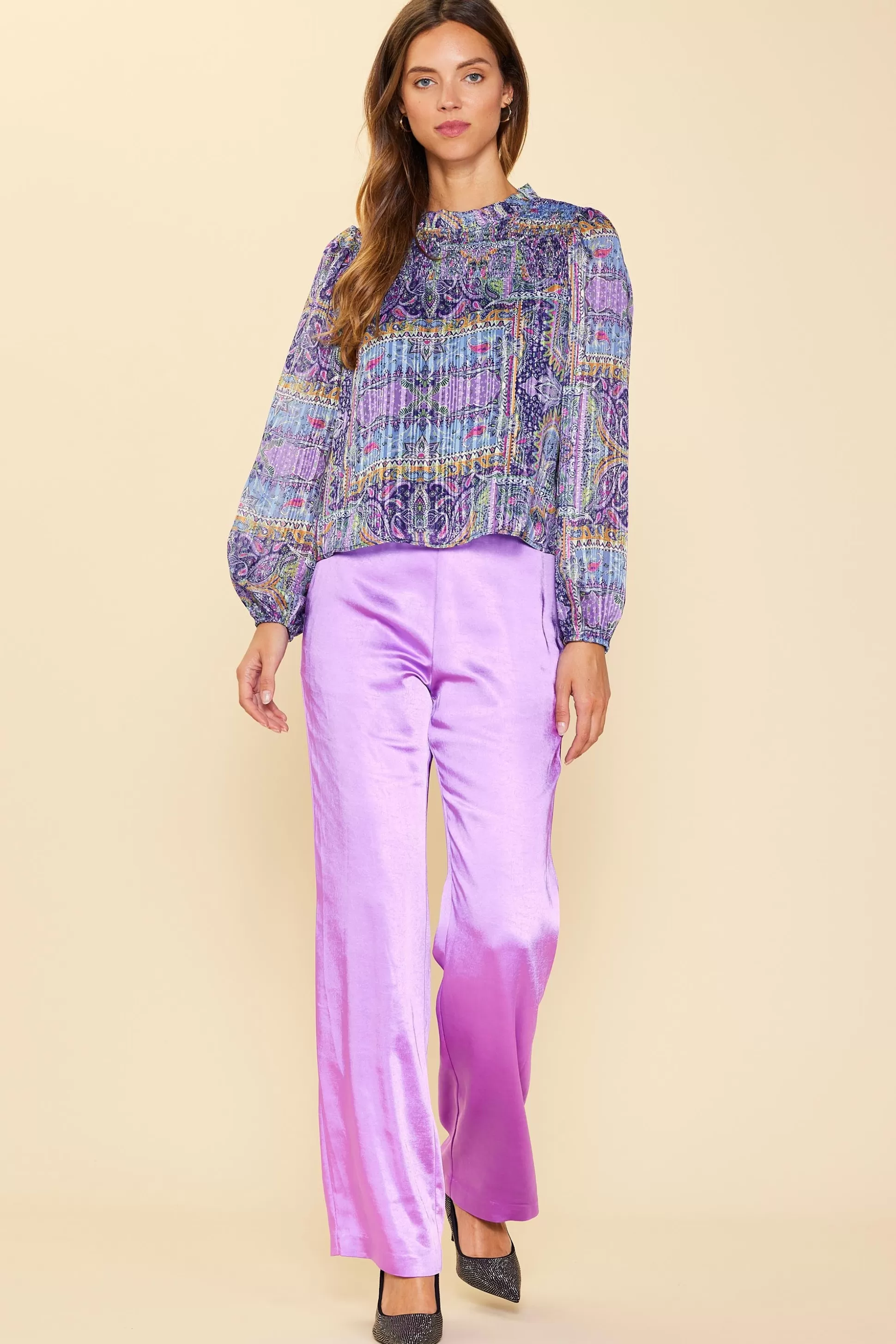 SKIES ARE BLUE Long Sleeve Tops | Blouses>Paisley Motif Smocked Detail Top Lavender-navy