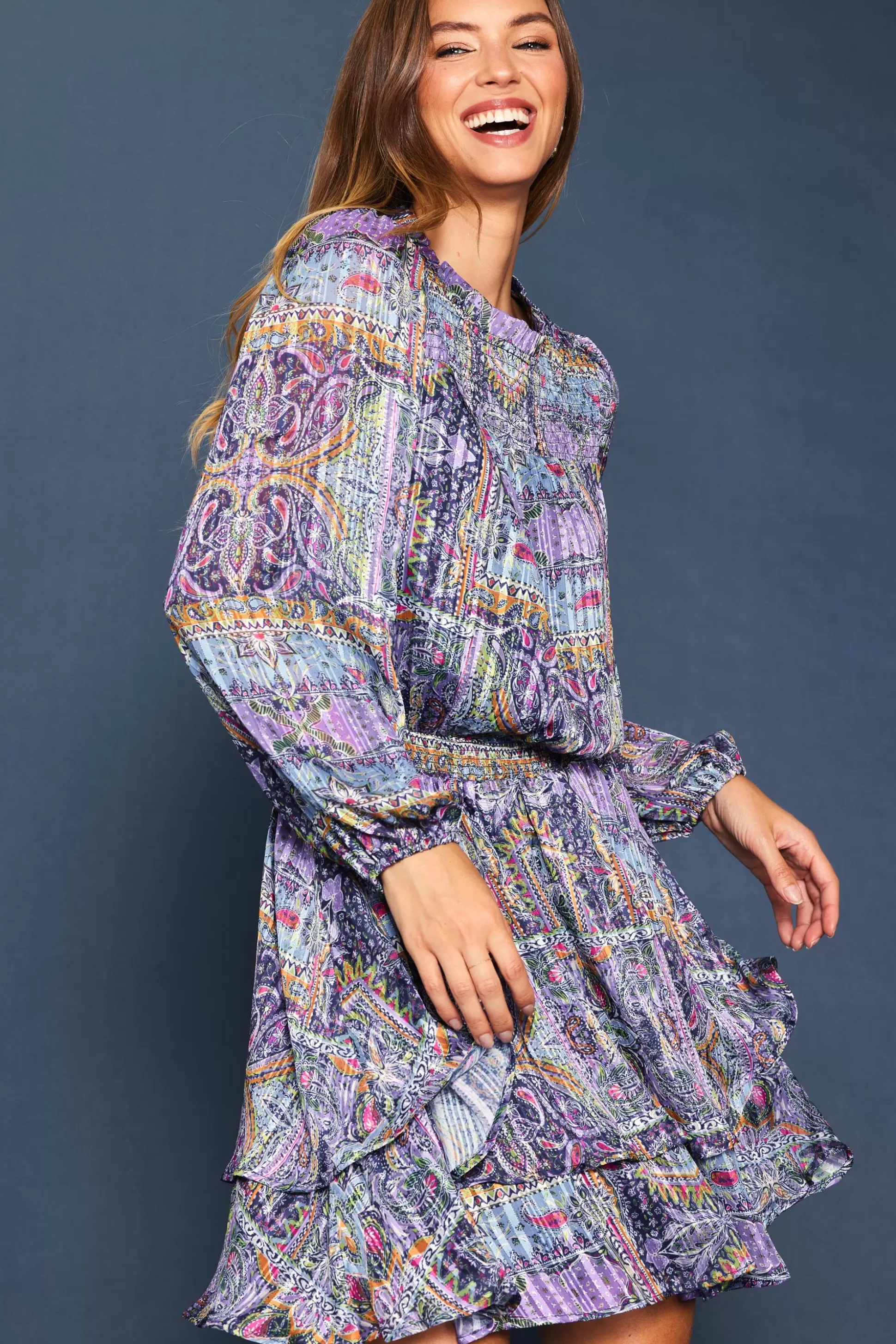 SKIES ARE BLUE Mini Dresses>Paisley Motif Smocked Mini Dress Lavender-navy