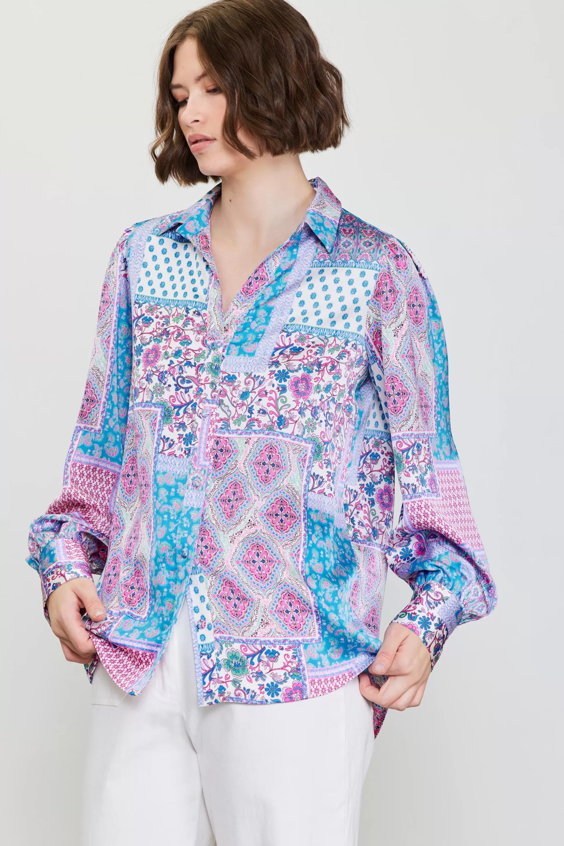 SKIES ARE BLUE Blouses | Long Sleeve Tops>Patch Print Button Down Blouse Turquoise