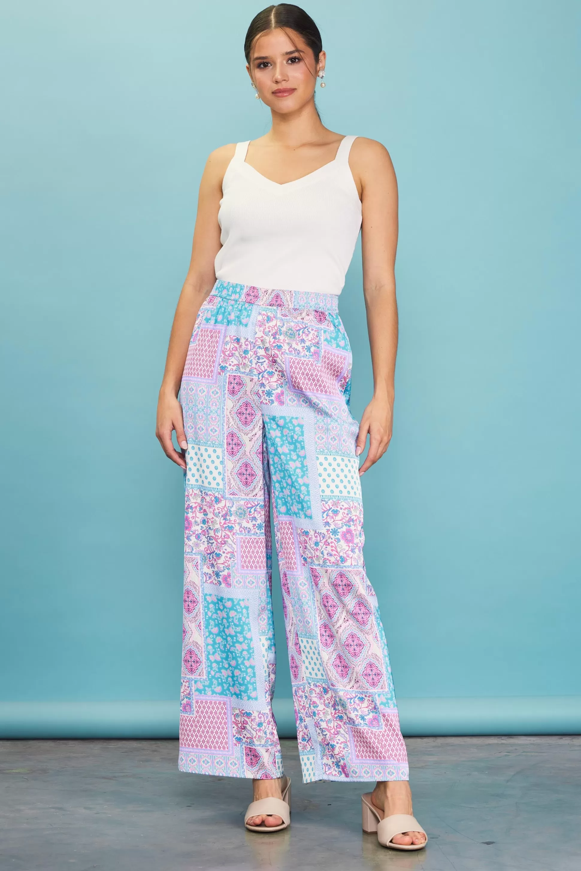 SKIES ARE BLUE Pants>Patch Print Wide-Leg Pants Turquoise