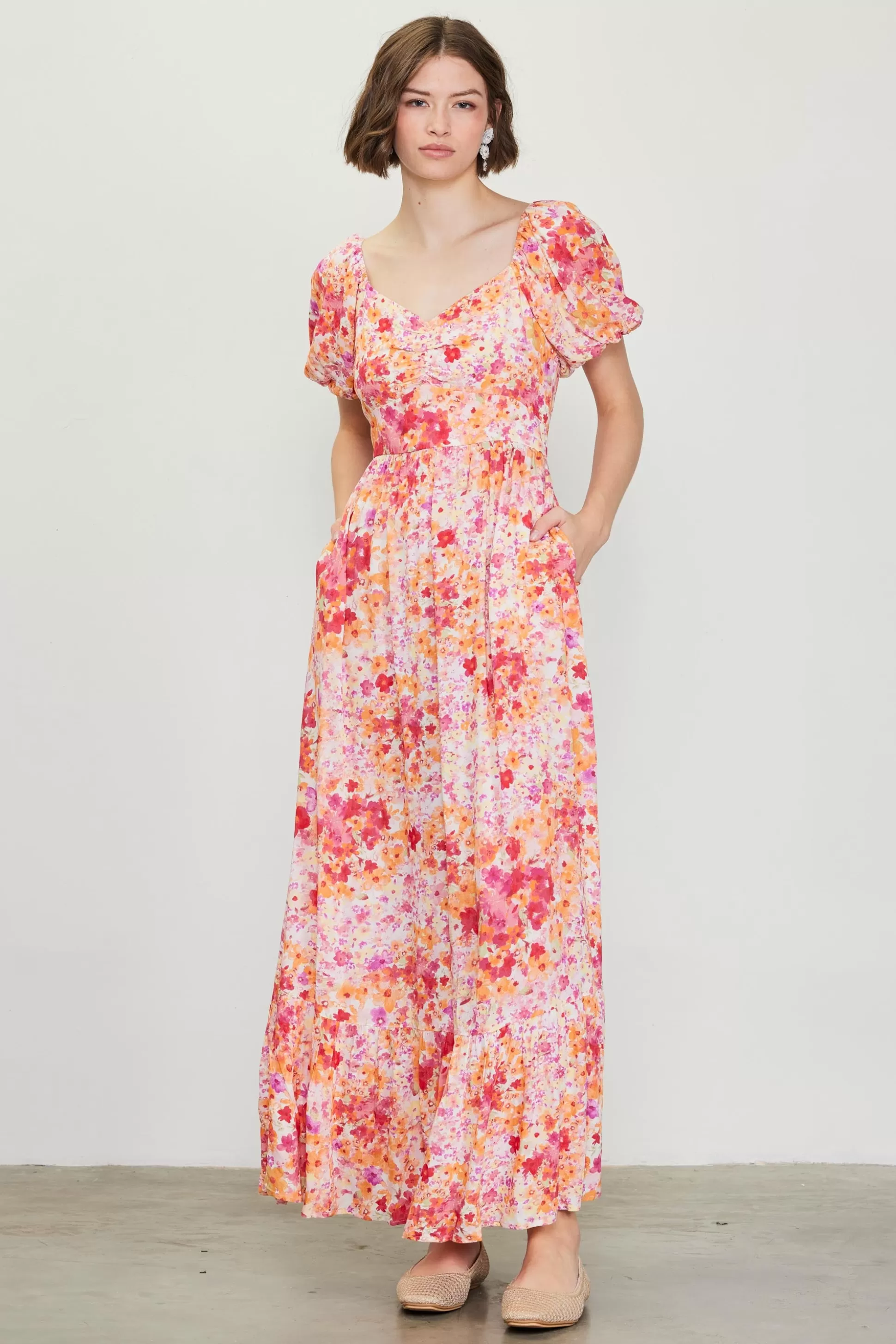 SKIES ARE BLUE Maxi Dresses>Peachy Floral Print Maxi Dress Apricot