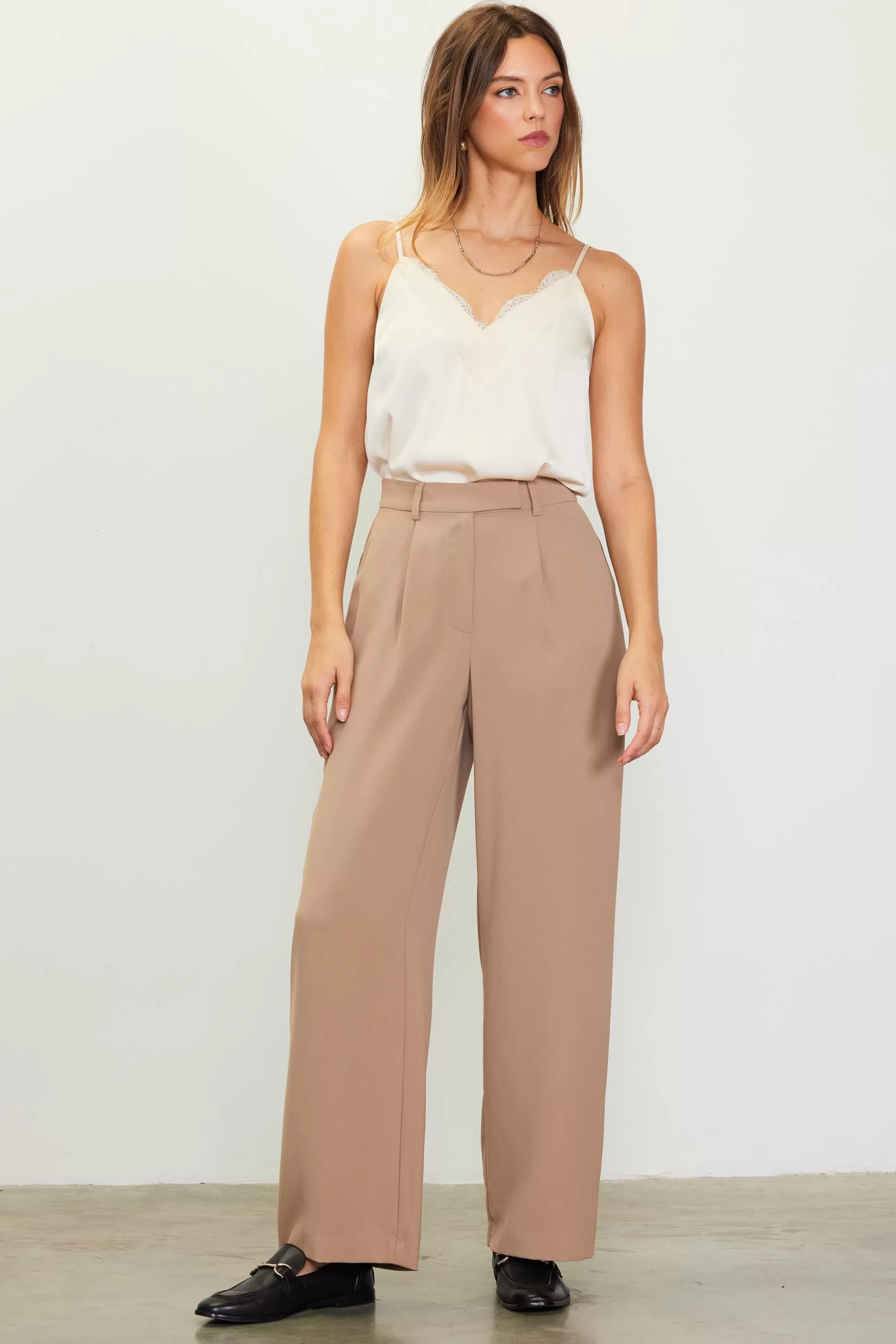 SKIES ARE BLUE Pants>Pintuck Wide Leg Trousers Tan