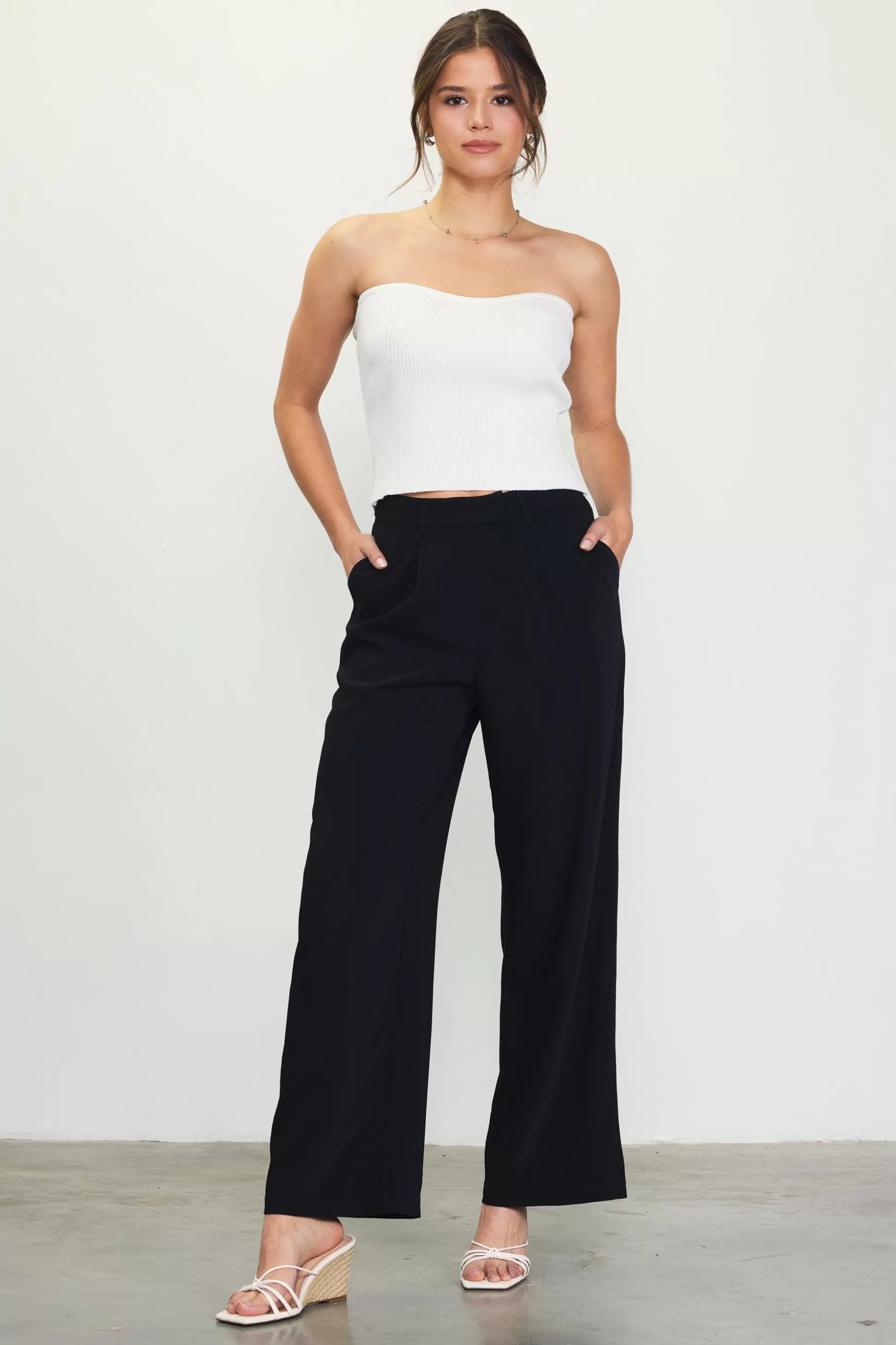 SKIES ARE BLUE Pants>Pintuck Wide Leg Trousers Black