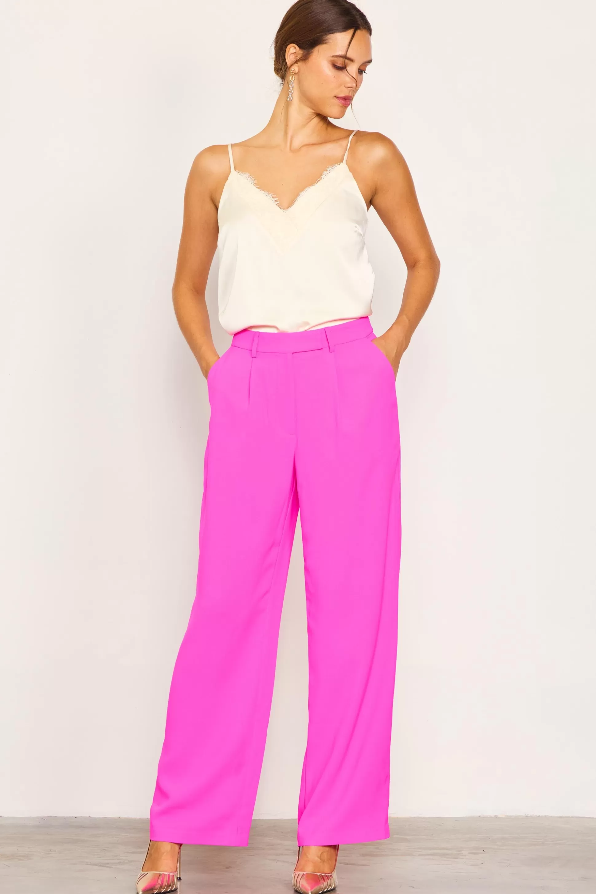 SKIES ARE BLUE Pants>Pintuck Wide Leg Trousers Ultrapink