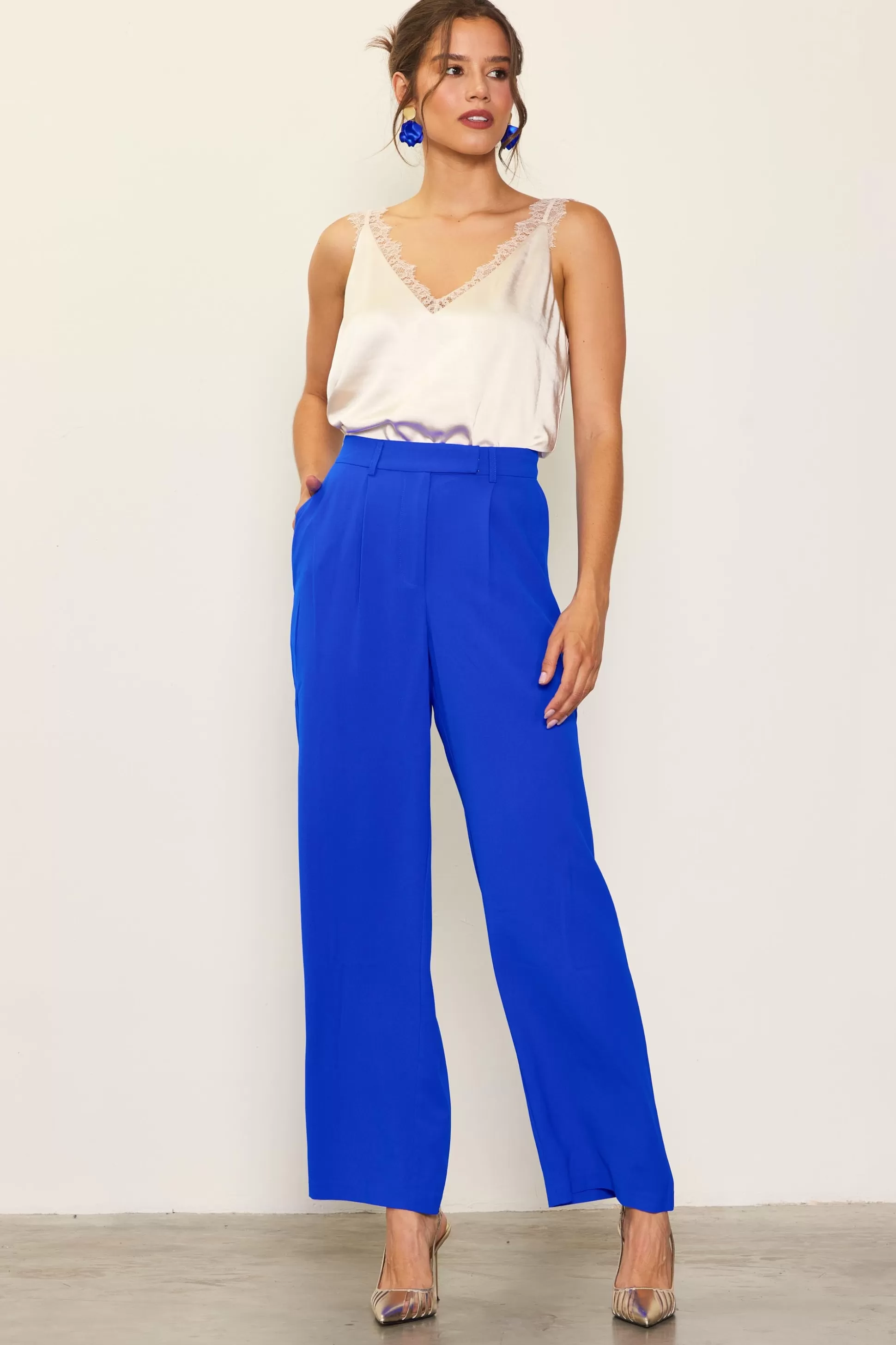 SKIES ARE BLUE Pants>Pintuck Wide Leg Trousers Neonblue