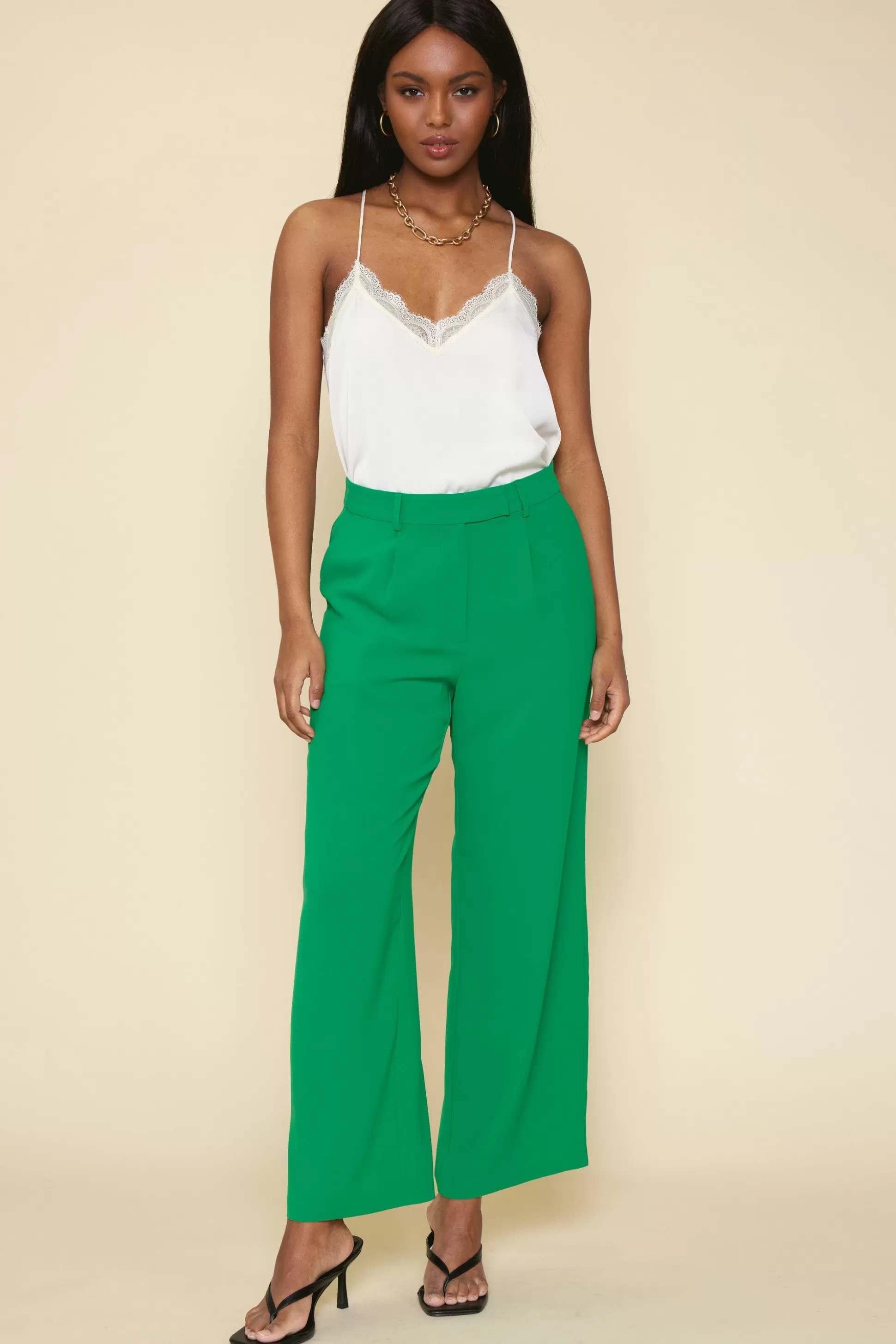 SKIES ARE BLUE Pants>Pintuck Wide Leg Trousers Kelly-green