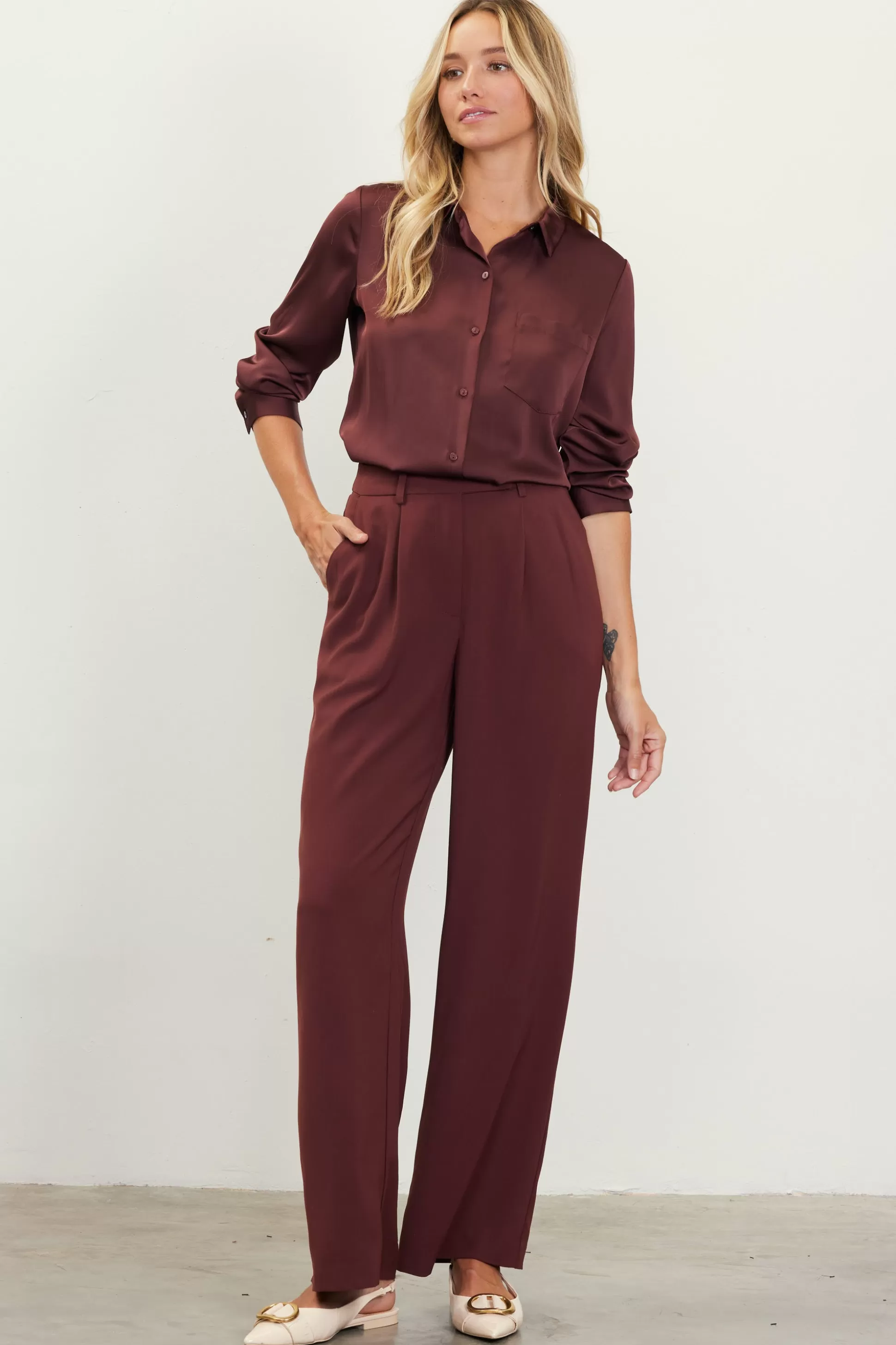 SKIES ARE BLUE Pants>Pintuck Wide Leg Trousers Chocolate