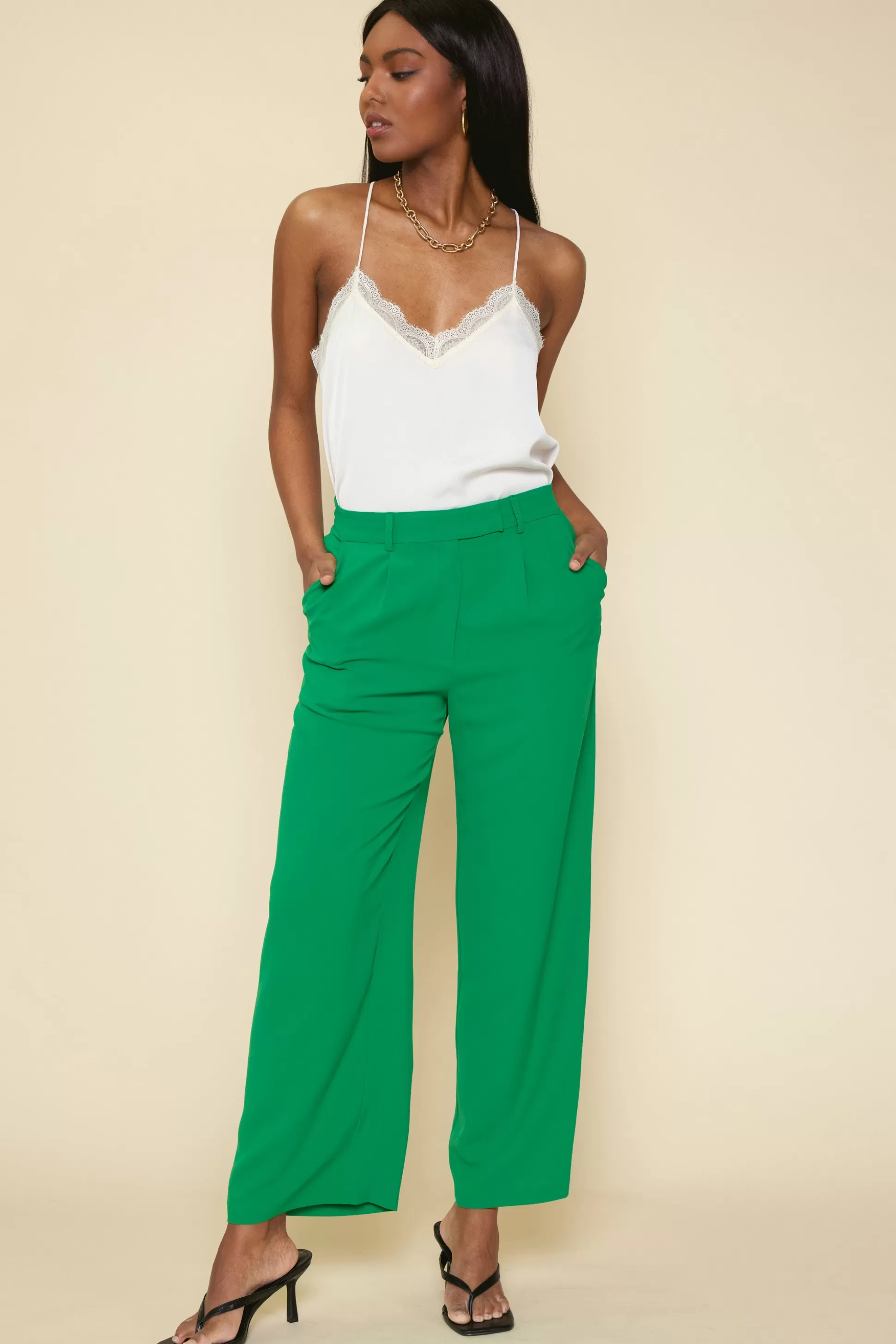 SKIES ARE BLUE Pants>Pintuck Wide Leg Trousers Kelly-green