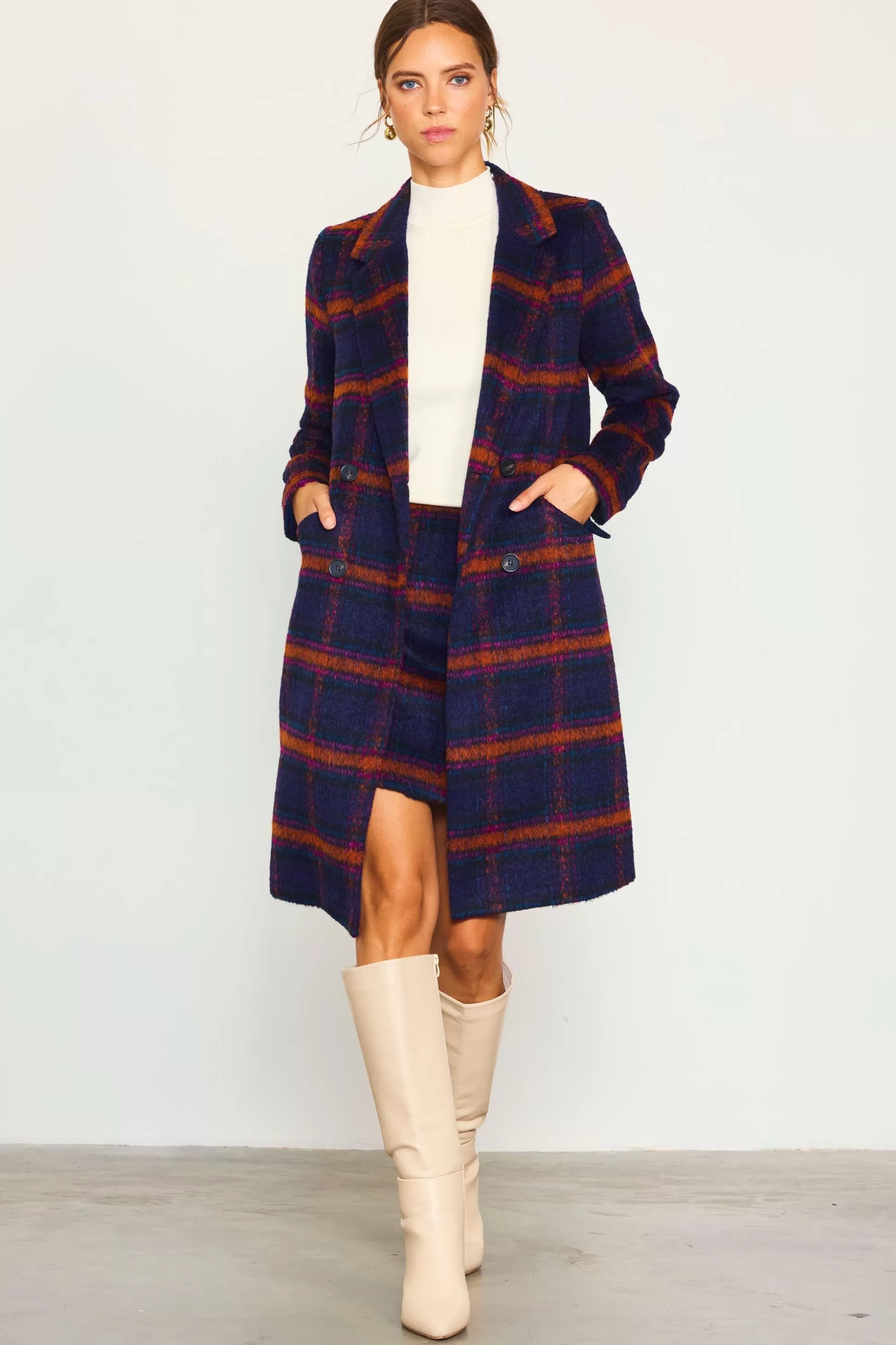 SKIES ARE BLUE Skirts>Plaid Front Slit Mini Skirt Navy-teal