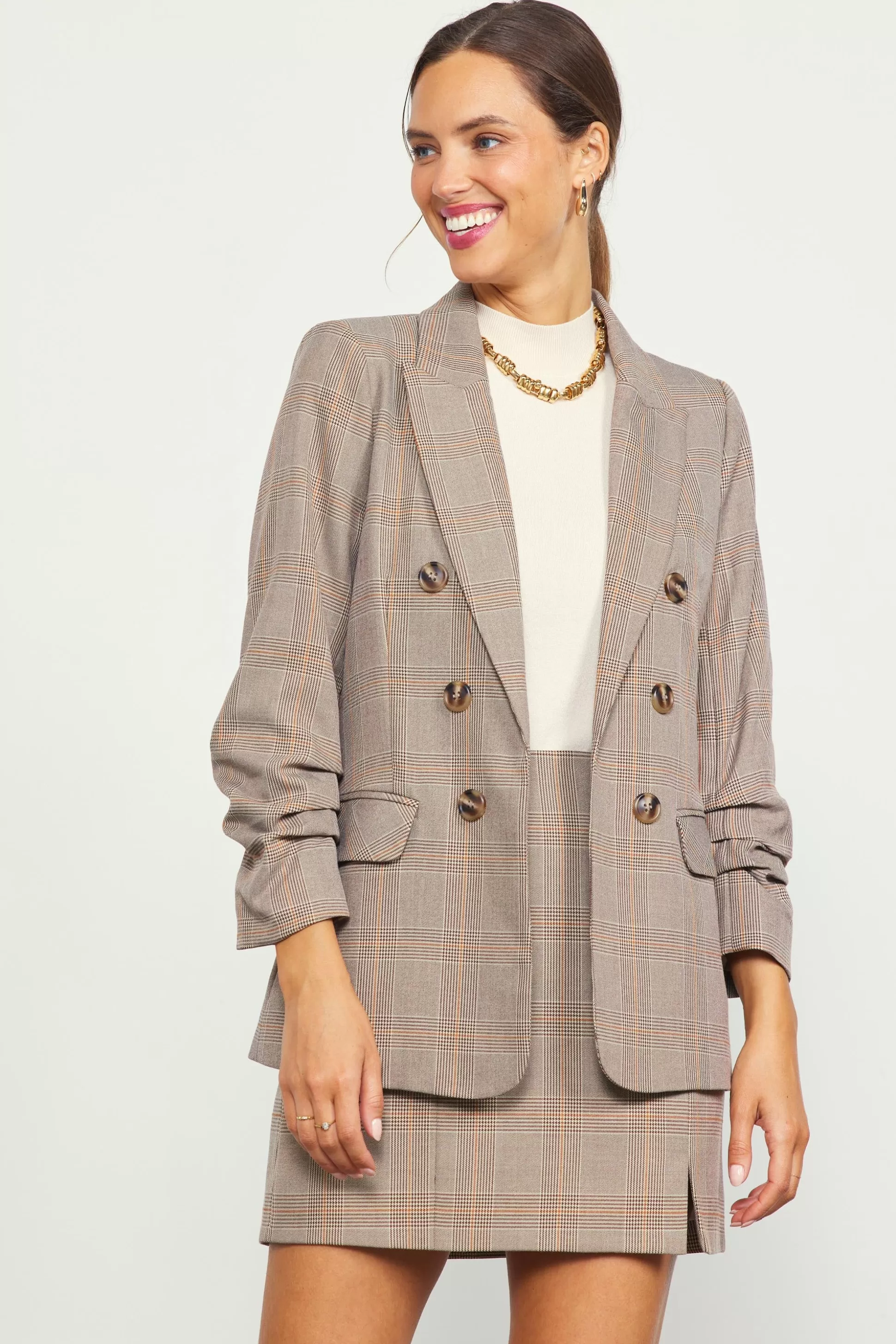 SKIES ARE BLUE Blazers>Plaid Ruched Sleeve Tailored Blazer Brown