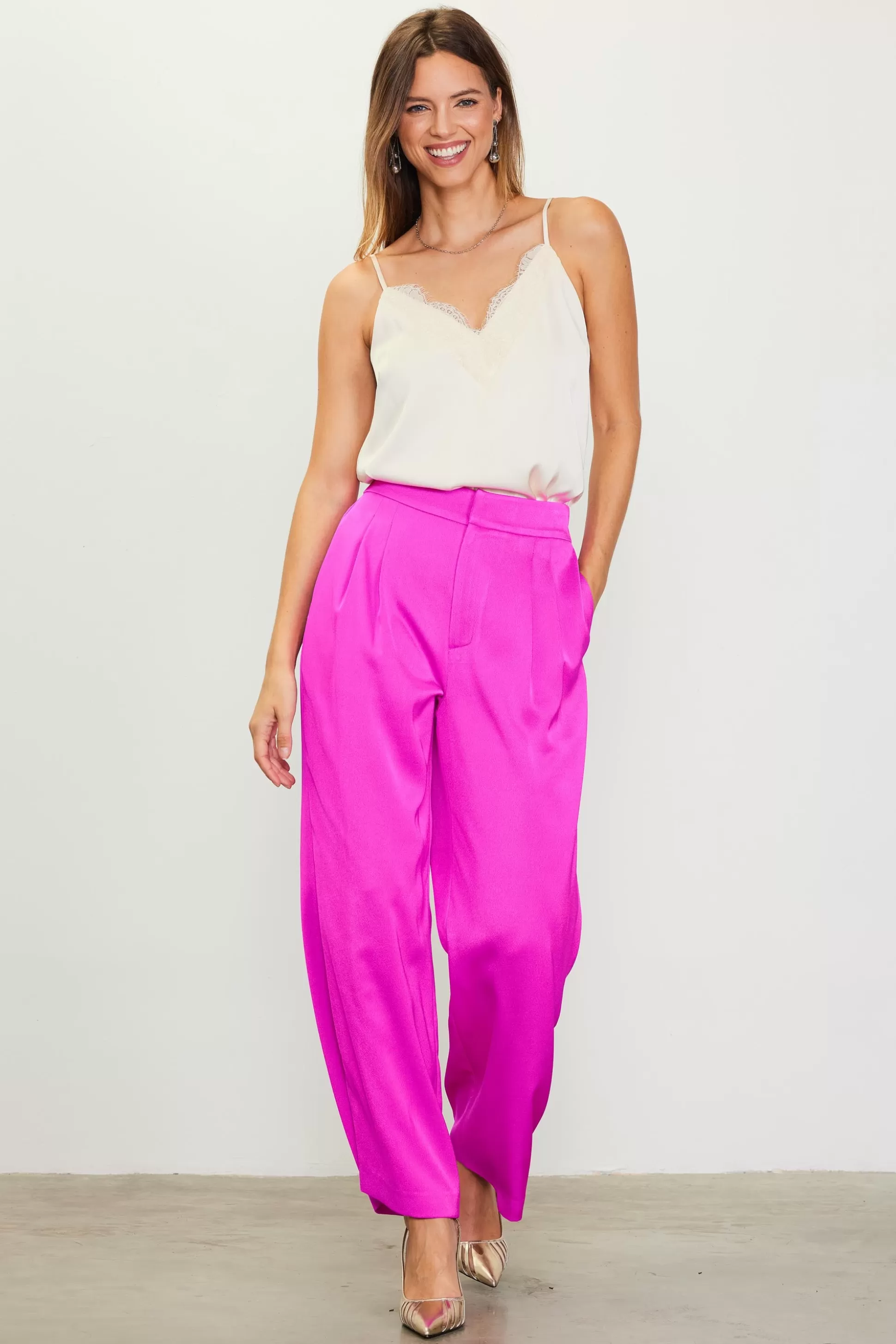 SKIES ARE BLUE Pants>Pleat Wide Leg Trousers Magenta