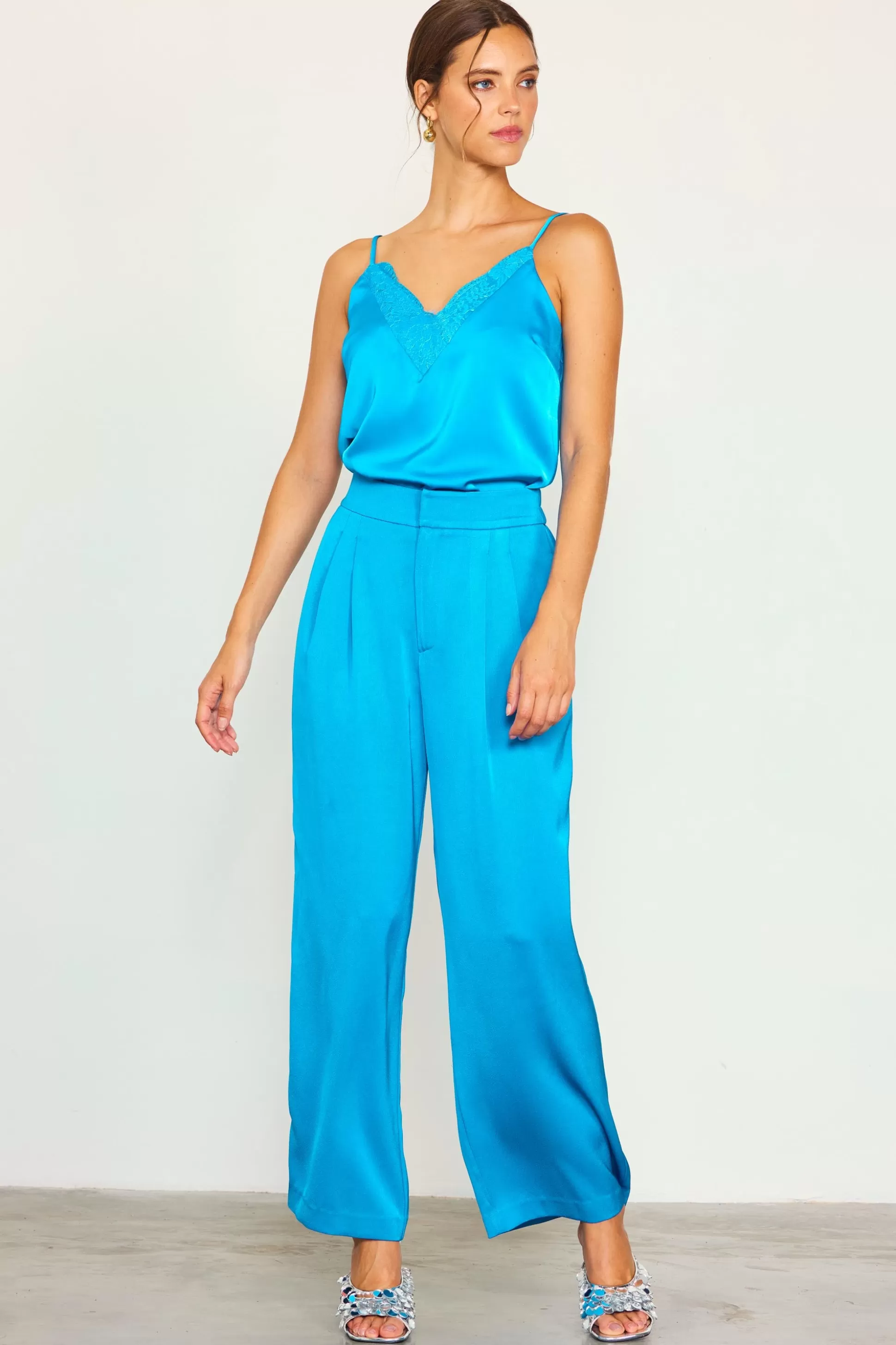 SKIES ARE BLUE Pants>Pleat Wide Leg Trousers Turquoise