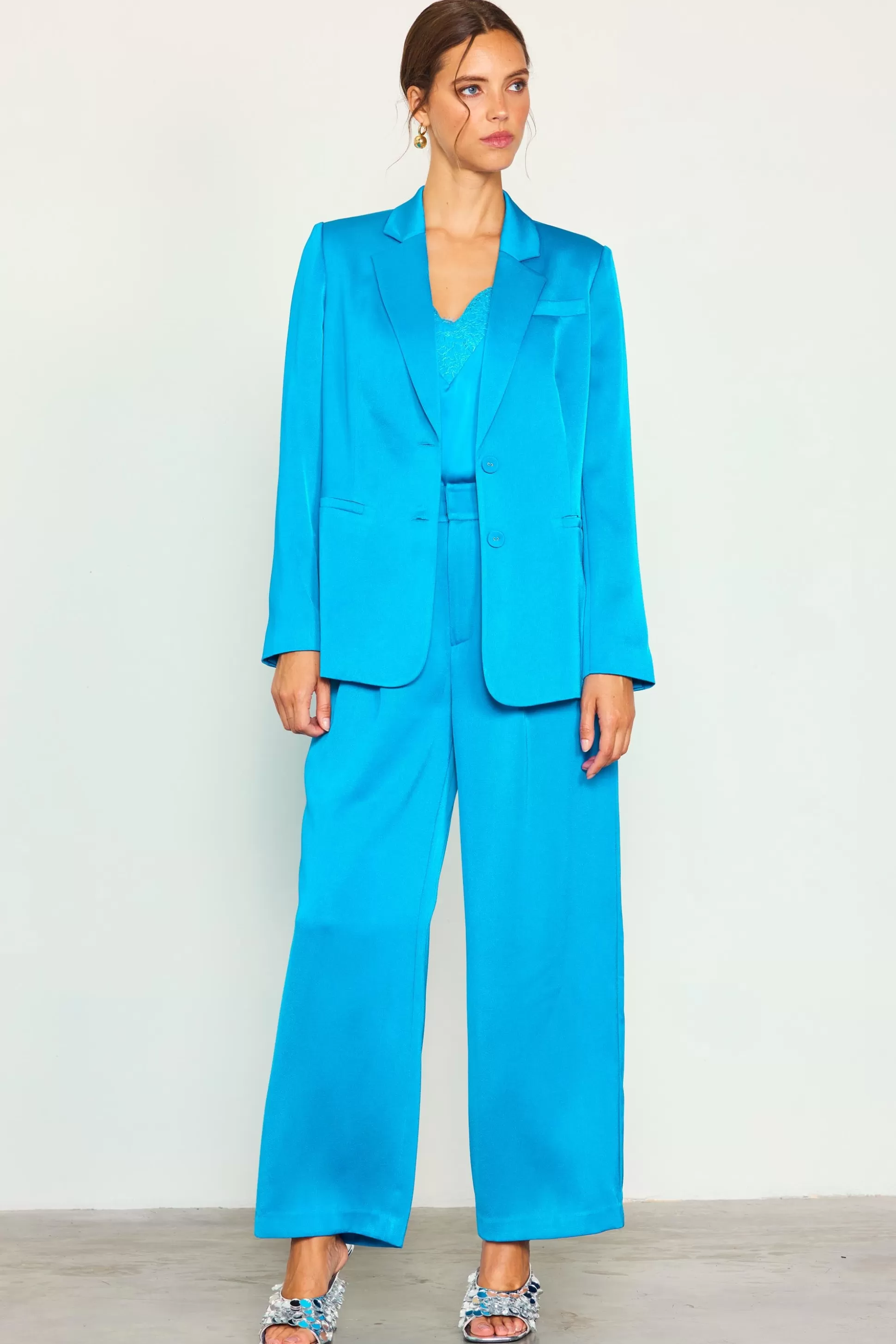 SKIES ARE BLUE Pants>Pleat Wide Leg Trousers Turquoise